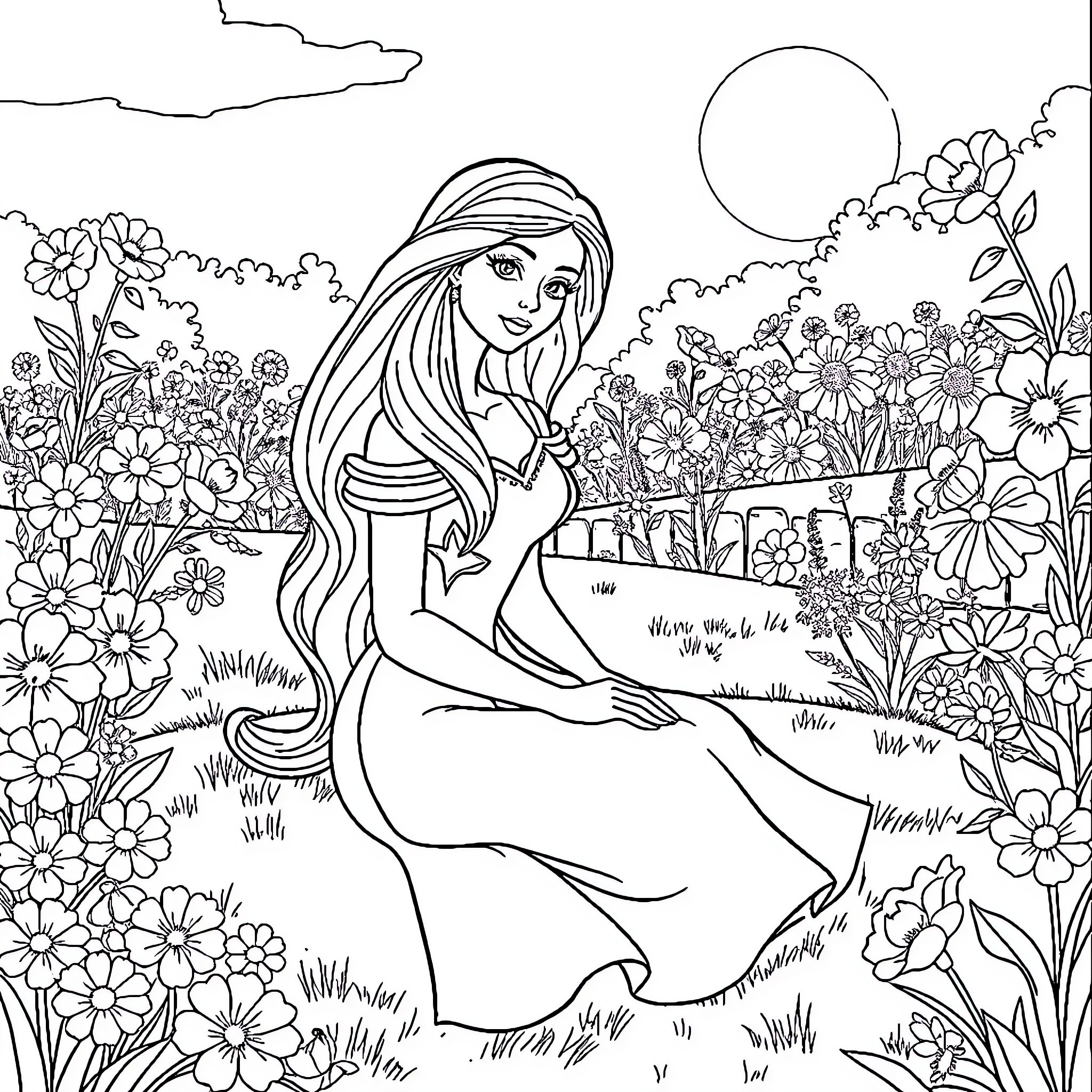 Princess in a Floral Garden Coloring Page (free black-and-white line drawing printable PDF for all, from beginners to advanced learners, including children, teens, adults, and seniors)
