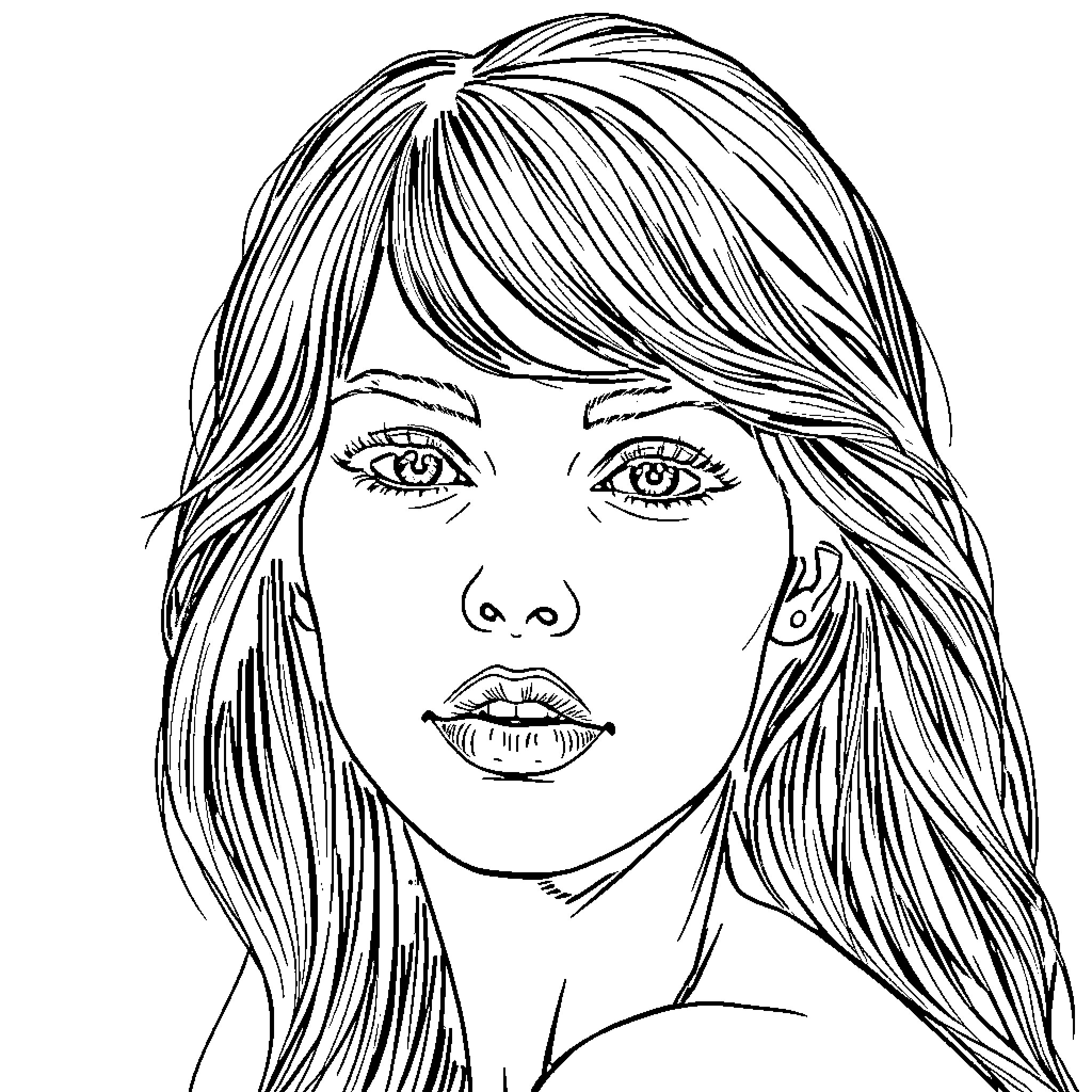 Model with flowing hair and intense expression Coloring Page (free black-and-white line drawing printable PDF for all, from beginners to advanced learners, including children, teens, adults, and seniors)