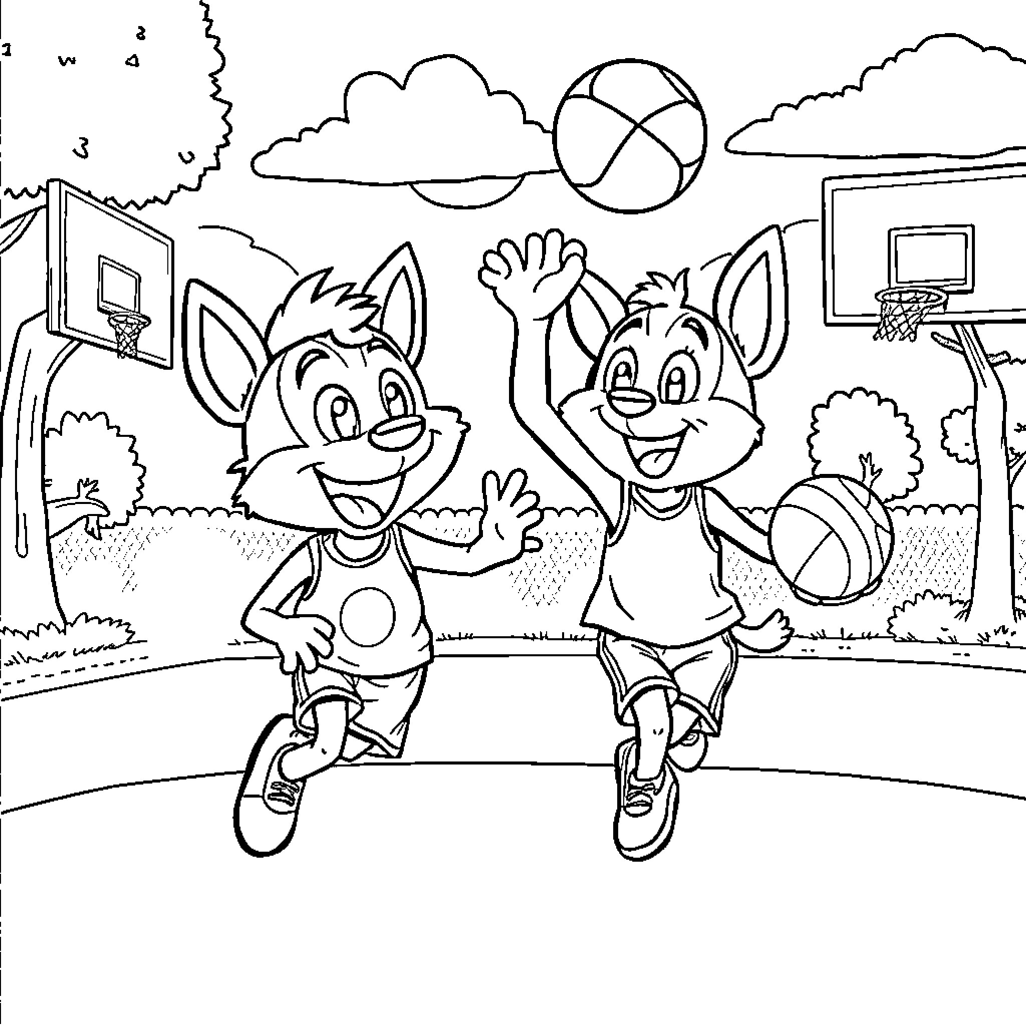 Bluey and friends playing basketball happily Coloring Page (free black-and-white line drawing printable PDF for all, from beginners to advanced learners, including children, teens, adults, and seniors)