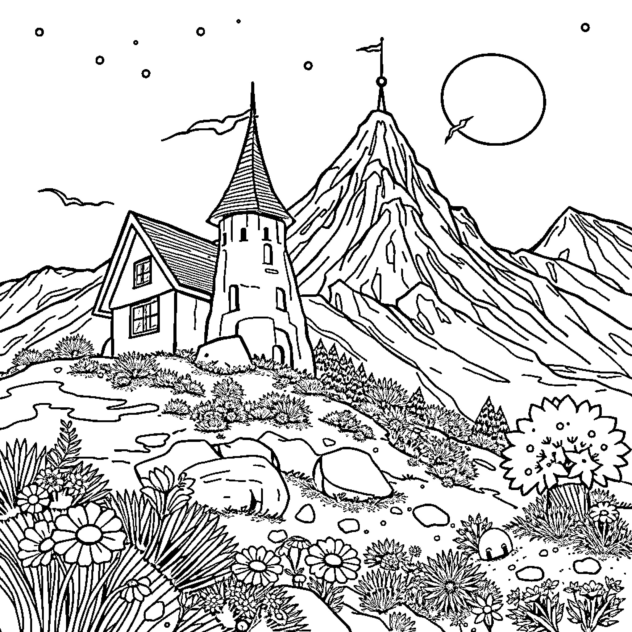 Bird's eye view of a tranquil mountain landscape Coloring Page (free black-and-white line drawing printable PDF for all, from beginners to advanced learners, including children, teens, adults, and seniors)