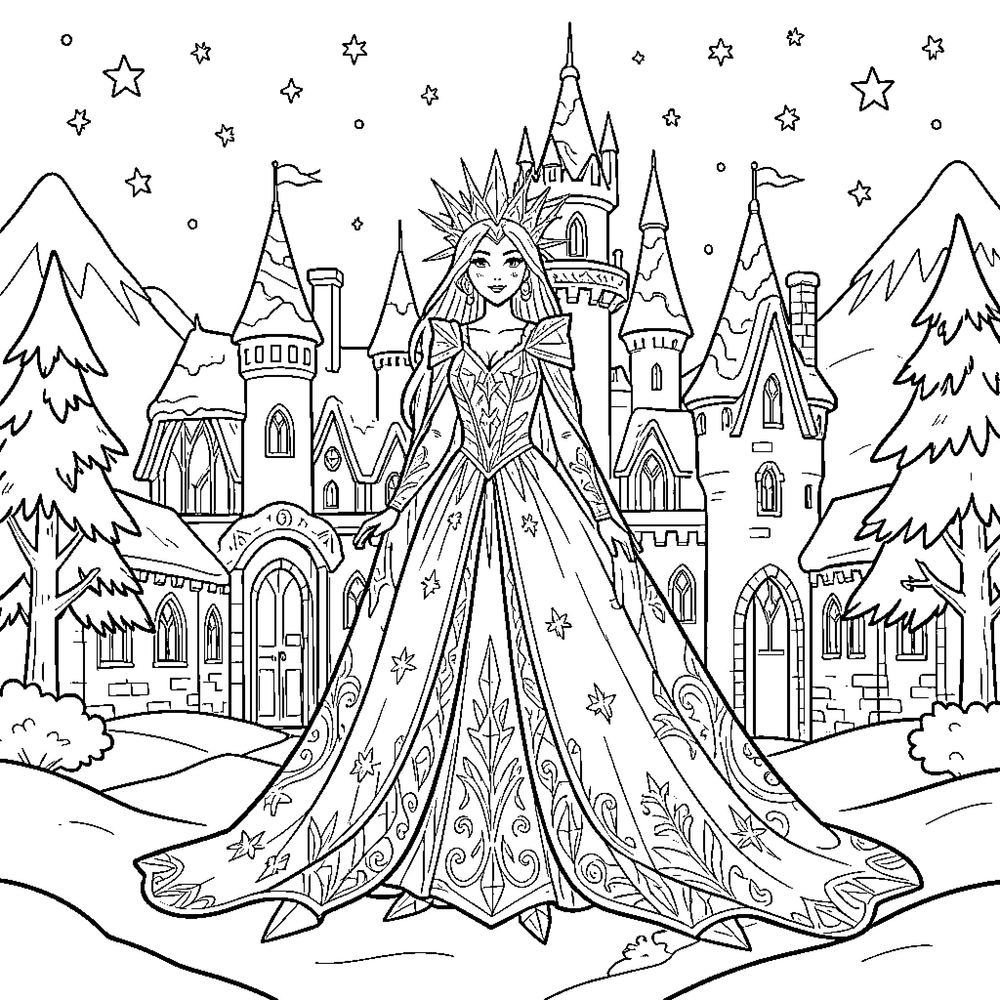 Queen in elegant gown standing before a castle Coloring Page (free black-and-white line drawing printable PDF for all, from beginners to advanced learners, including children, teens, adults, and seniors)