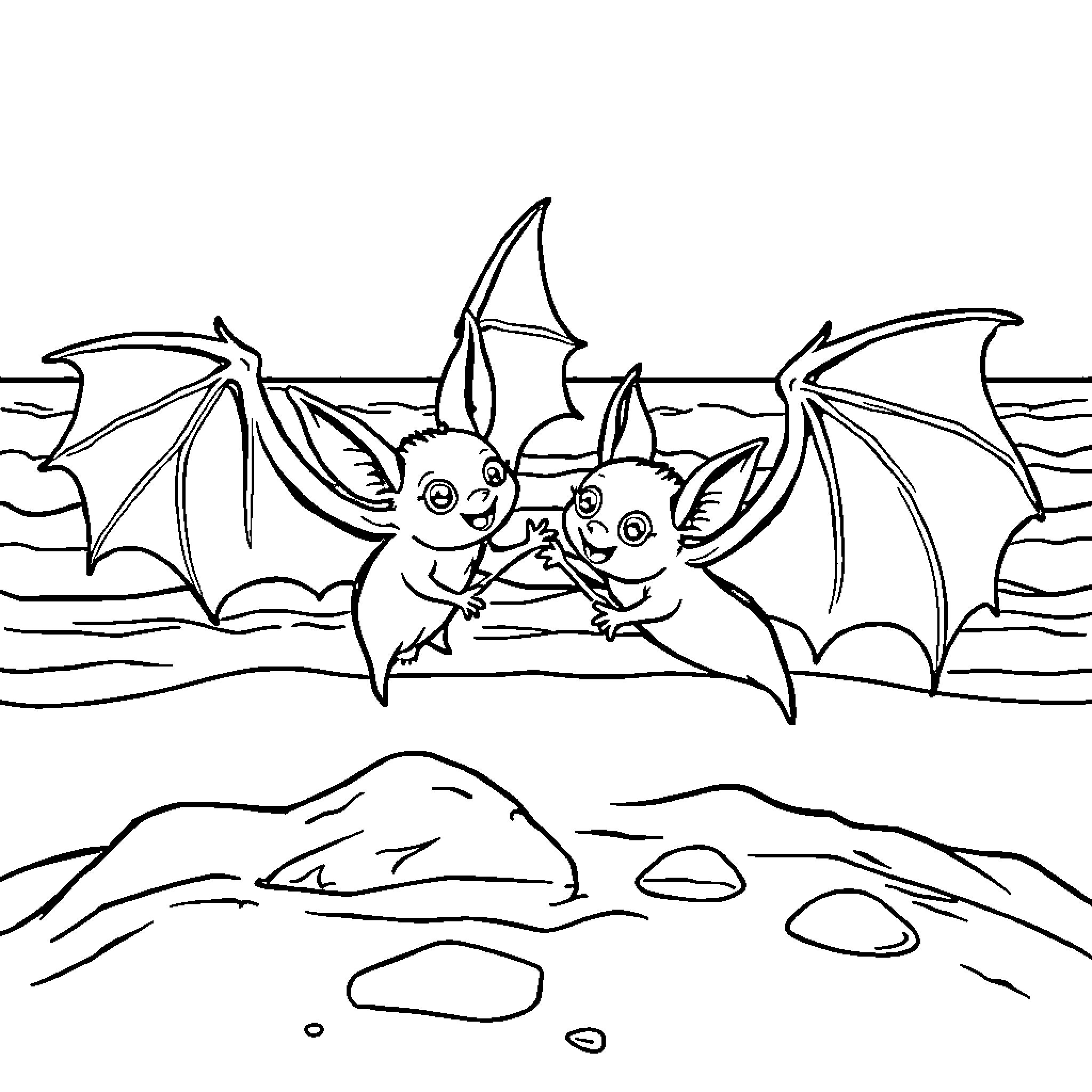 Bats engaging in playful activities near the ocean Coloring Page (free black-and-white line drawing printable PDF for all, from beginners to advanced learners, including children, teens, adults, and seniors)