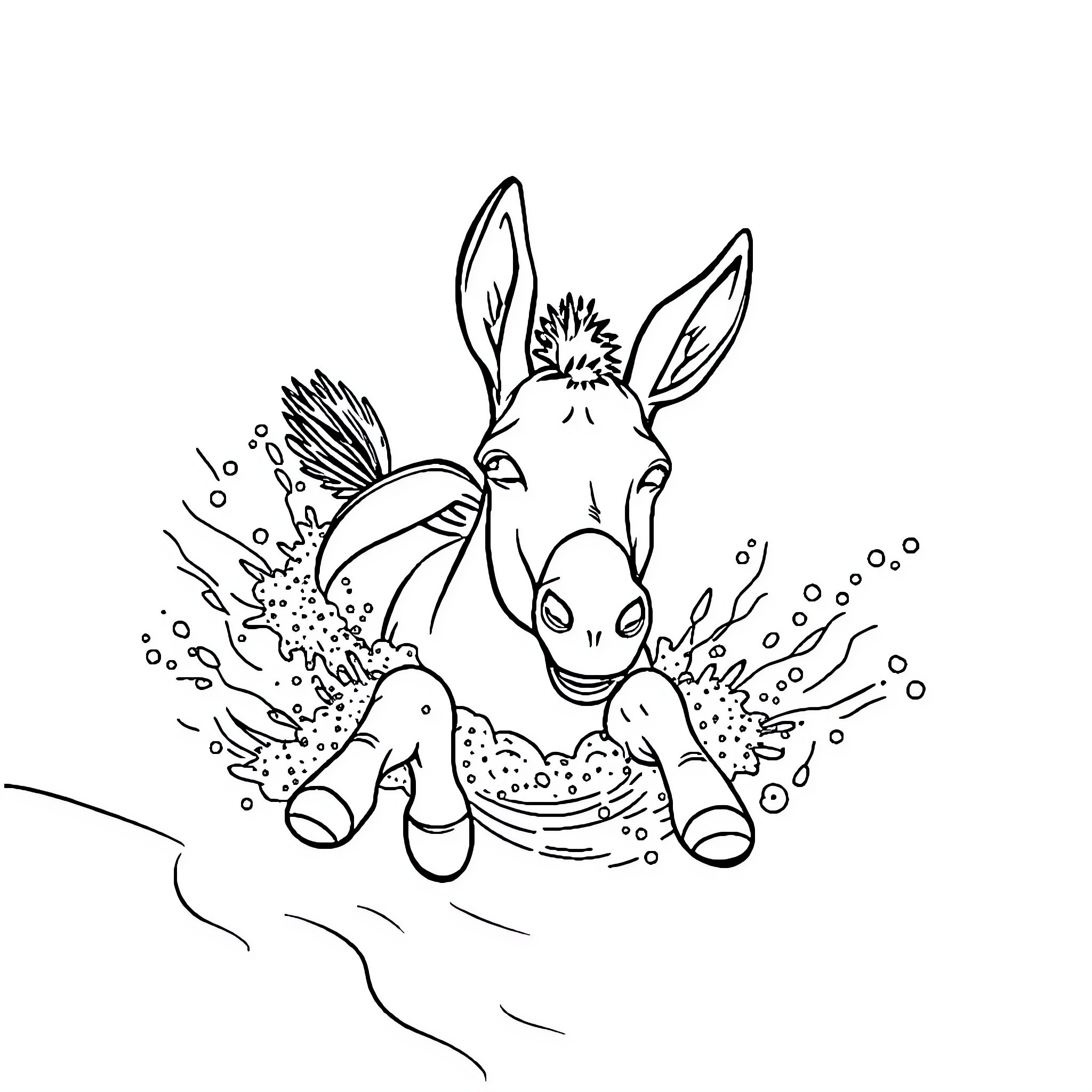 Donkey swimming playfully in the sea Coloring Page (free black-and-white line drawing printable PDF for all, from beginners to advanced learners, including children, teens, adults, and seniors)