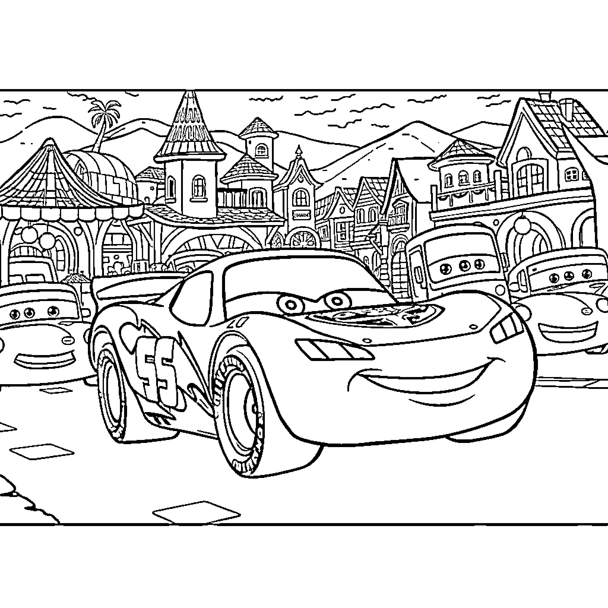 Rayo McQueen racing through a colorful town Coloring Page (free black-and-white line drawing printable PDF for all, from beginners to advanced learners, including children, teens, adults, and seniors)