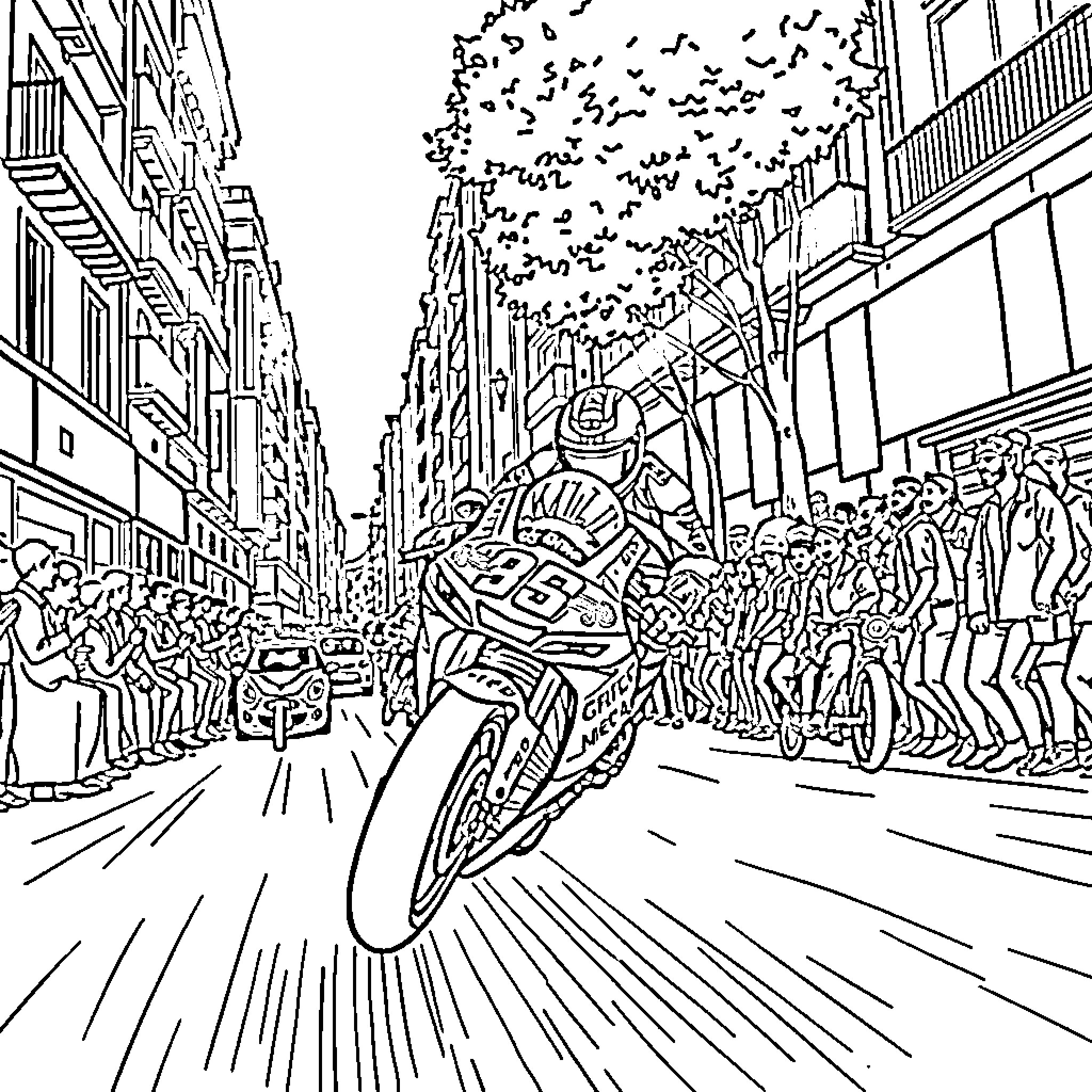 Marc Marquez riding at high speed through a crowded city street Coloring Page (free black-and-white line drawing printable PDF for all, from beginners to advanced learners, including children, teens, adults, and seniors)