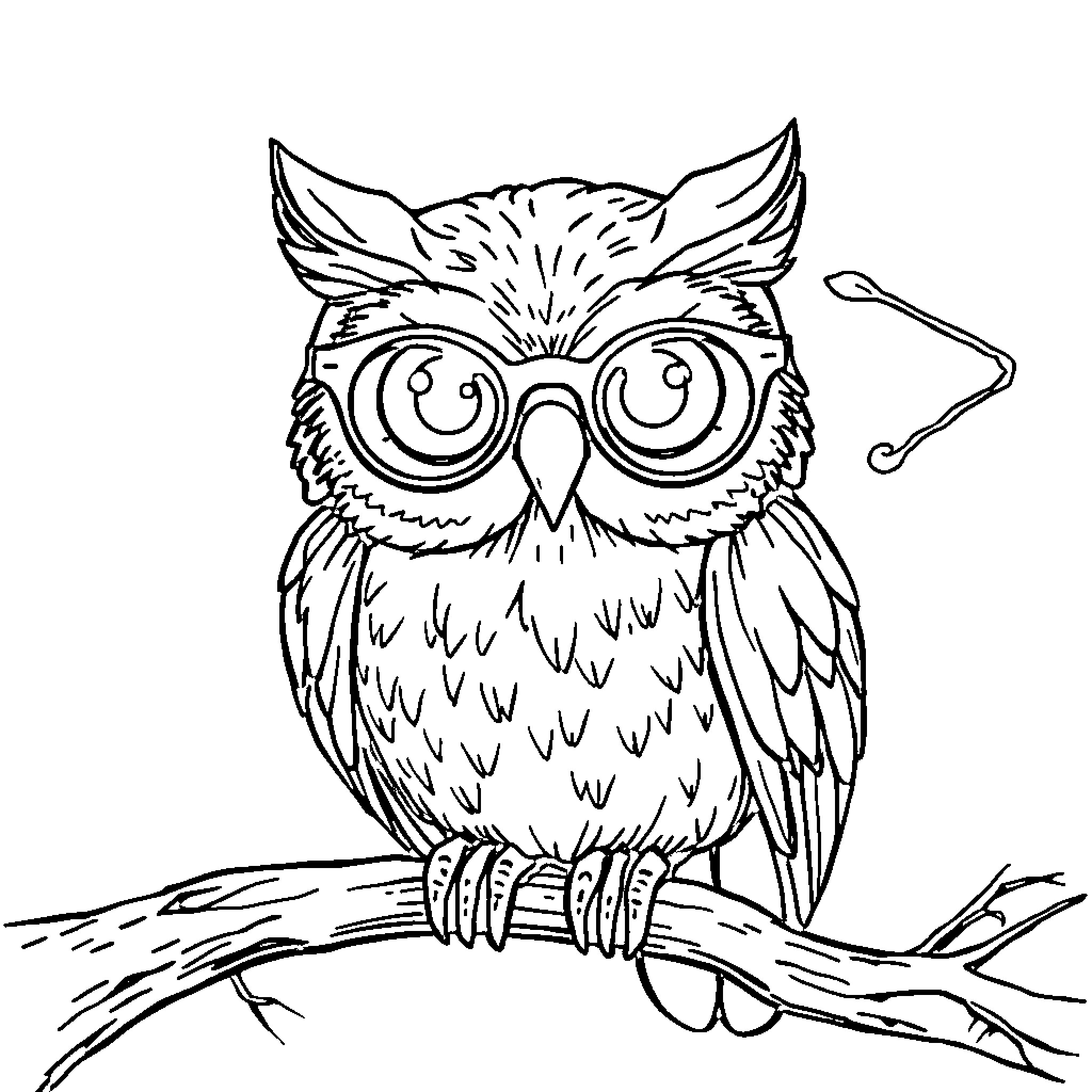 Owl with Glasses Perched on Branch Coloring Page (free black-and-white line drawing printable PDF for all, from beginners to advanced learners, including children, teens, adults, and seniors)