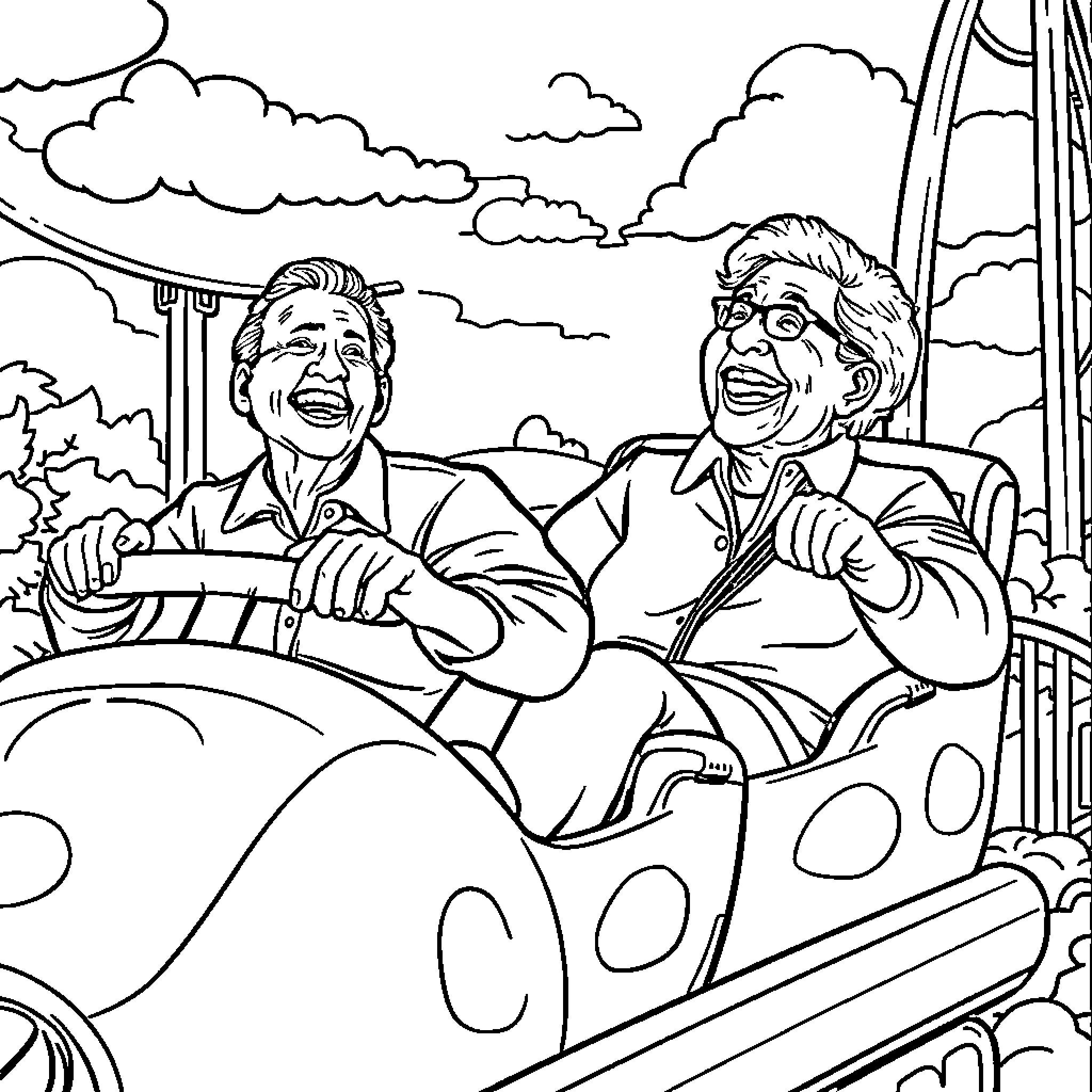 Senior couple enjoying an amusement park ride Coloring Page (free black-and-white line drawing printable PDF for all, from beginners to advanced learners, including children, teens, adults, and seniors)