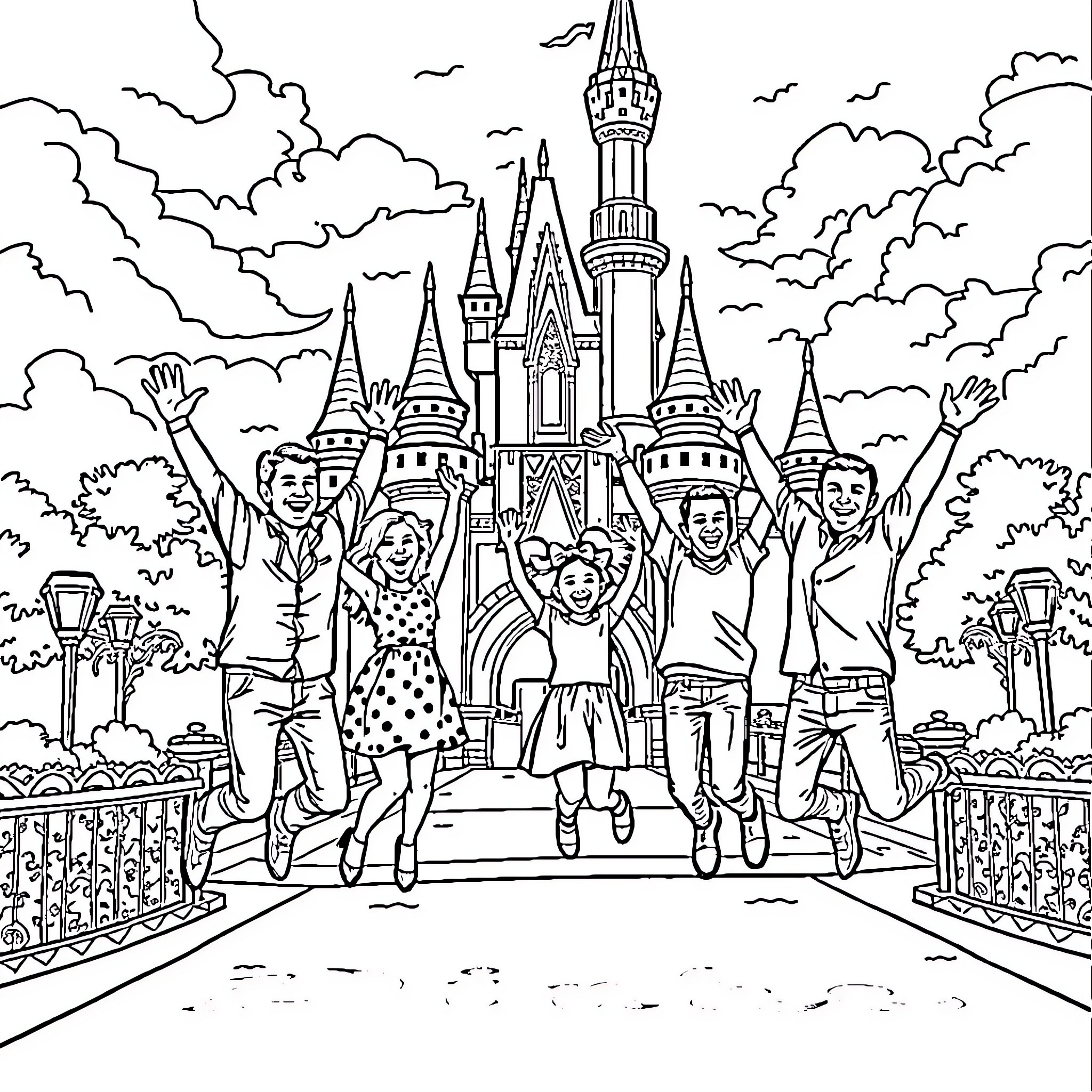 Family Enjoying a Day at the Enchanting Castle Coloring Page (free black-and-white line drawing printable PDF for all, from beginners to advanced learners, including children, teens, adults, and seniors)