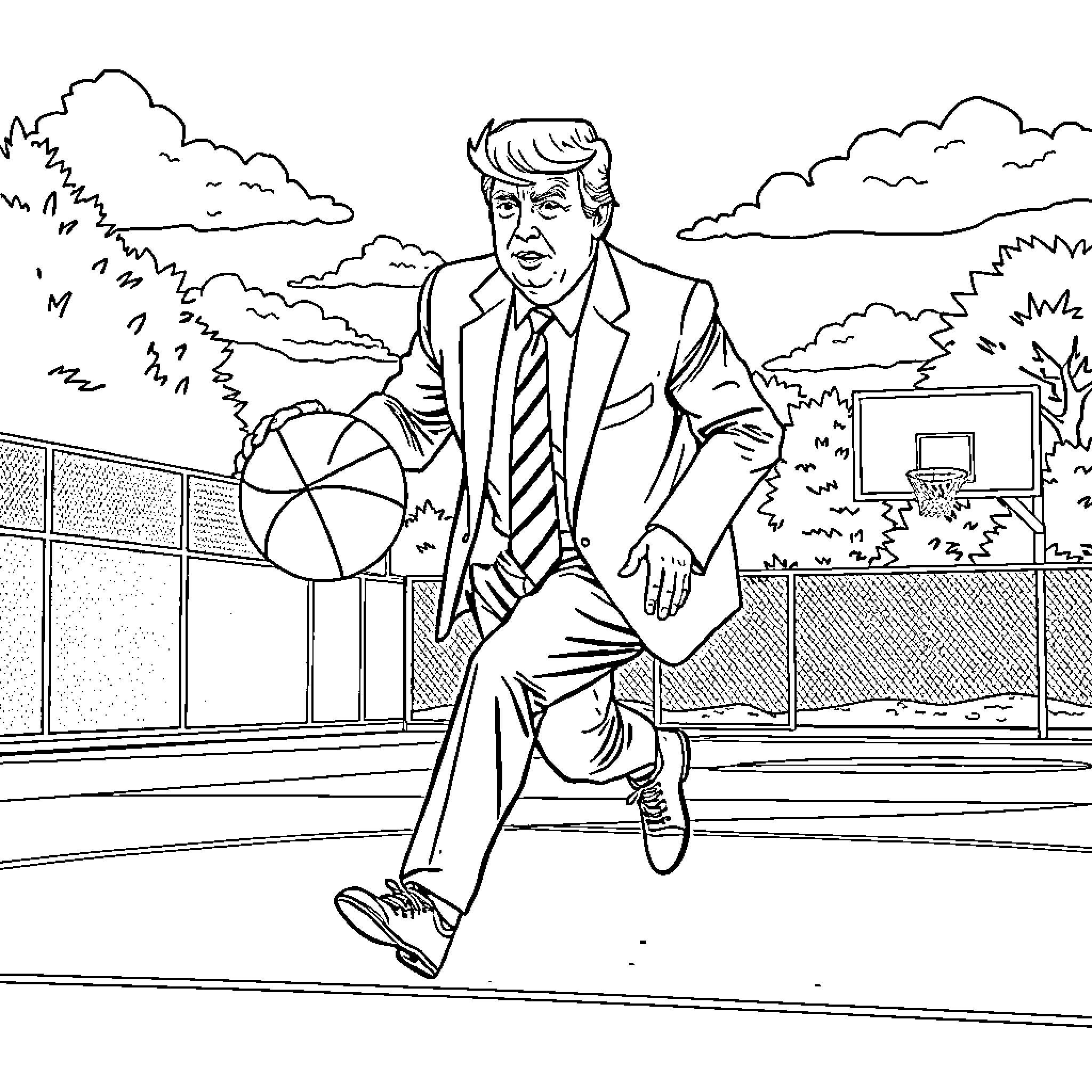 Donald Trump Playing Basketball in Suit and Tie Coloring Page (free black-and-white line drawing printable PDF for all, from beginners to advanced learners, including children, teens, adults, and seniors)