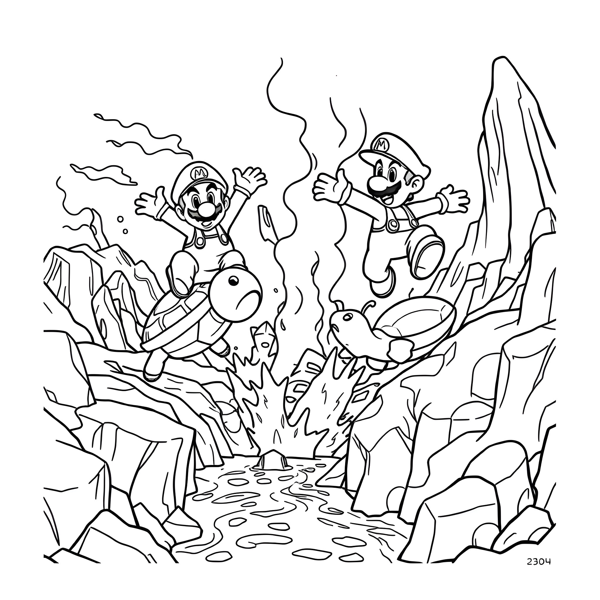 Mario on a wild adventure through a rugged terrain Coloring Page (free black-and-white line drawing printable PDF for all, from beginners to advanced learners, including children, teens, adults, and seniors)