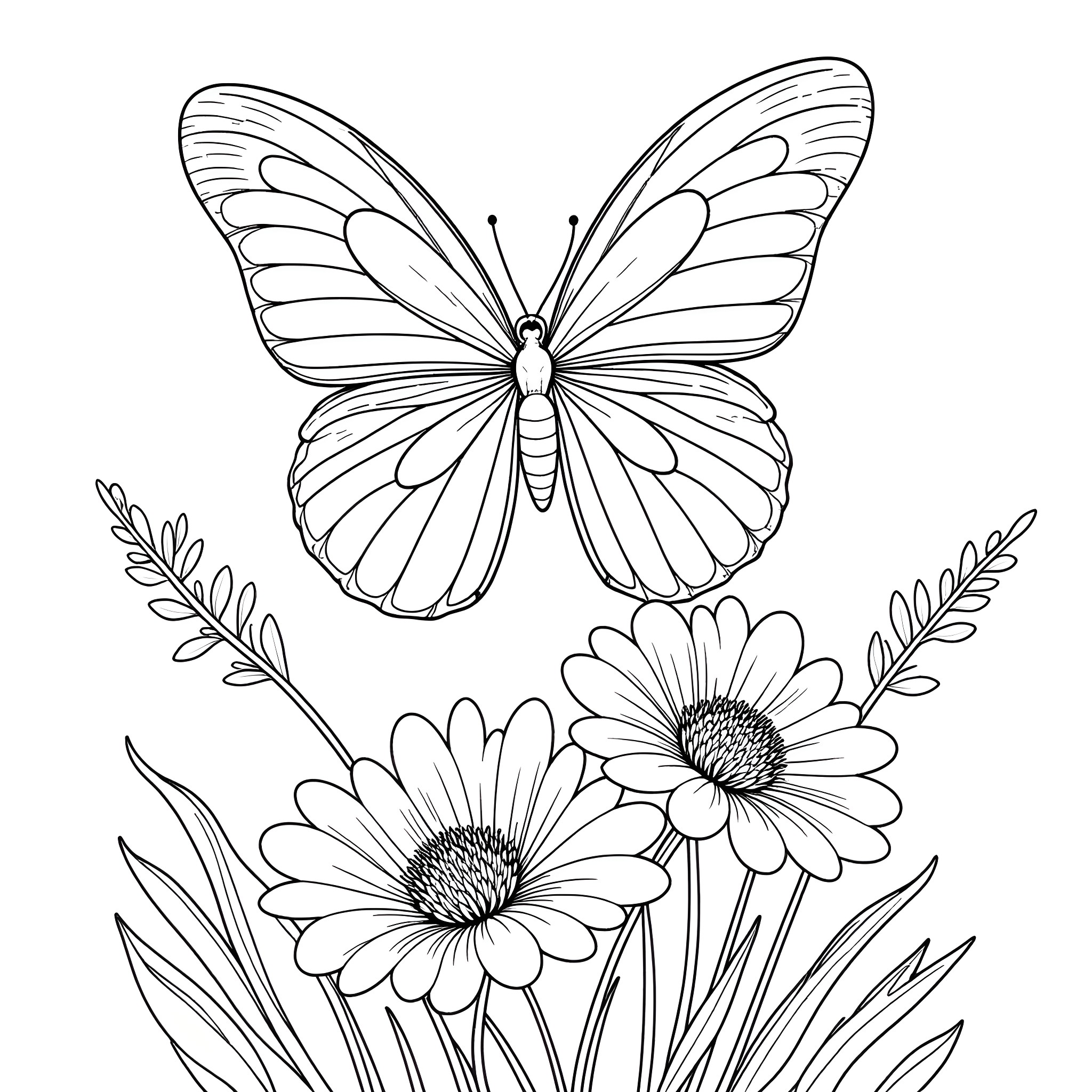 Butterfly soaring above blooming flowers Coloring Page (free black-and-white line drawing printable PDF for all, from beginners to advanced learners, including children, teens, adults, and seniors)