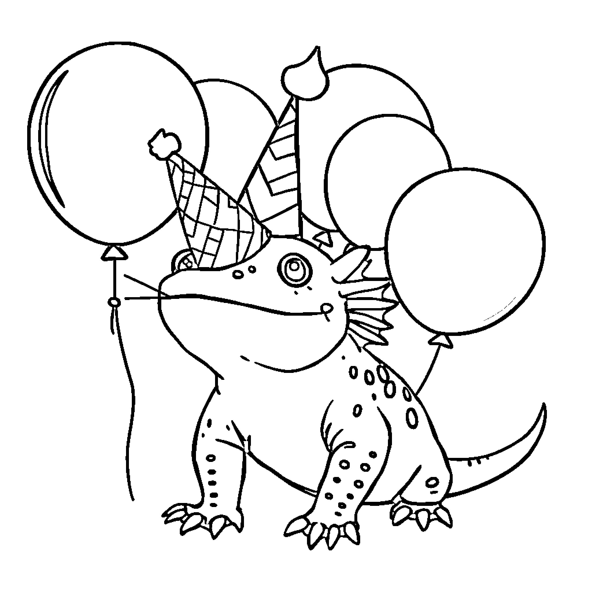 Axolotl Celebrating with Balloons and Party Hat Coloring Page (free black-and-white line drawing printable PDF for all, from beginners to advanced learners, including children, teens, adults, and seniors)