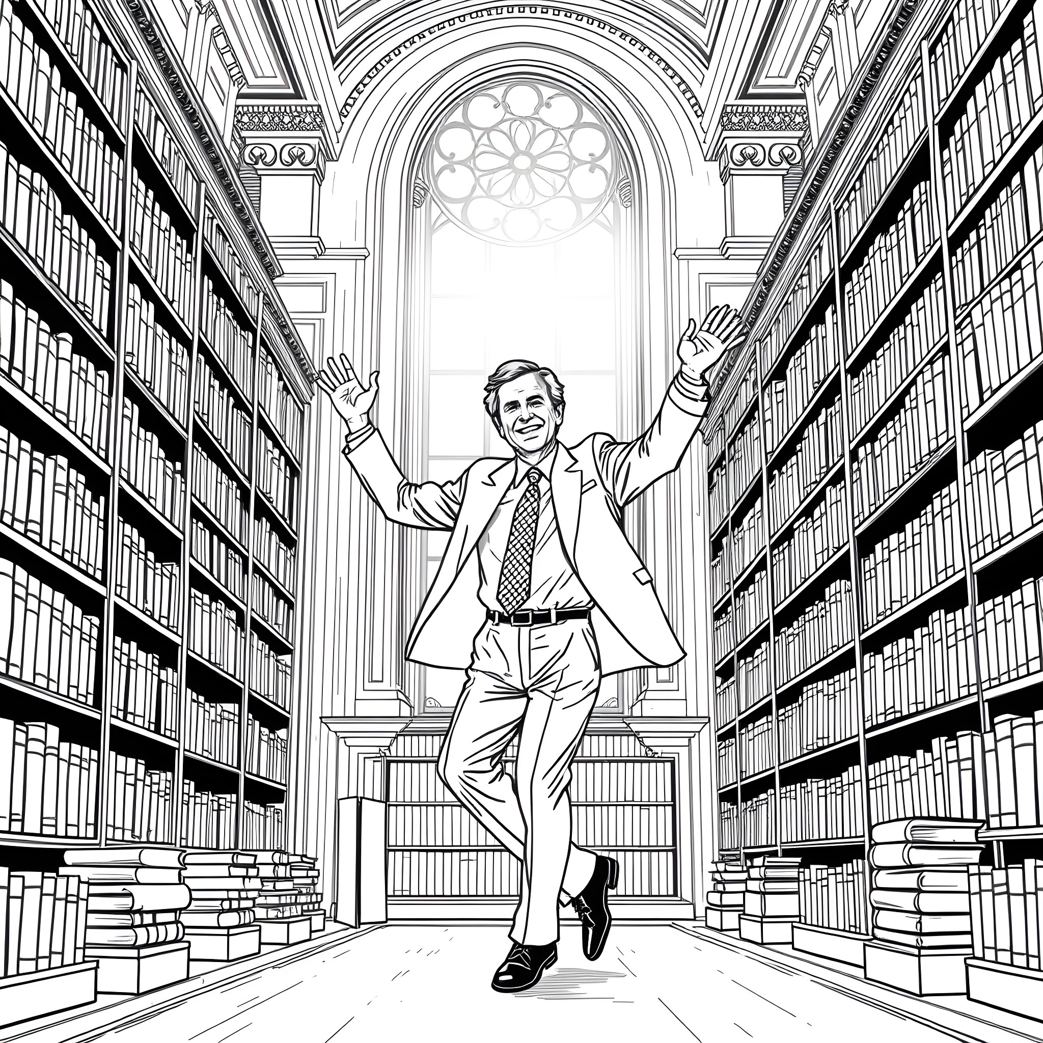 George W. Bush triumphantly strides through a grand library Coloring Page (free black-and-white line drawing printable PDF for all, from beginners to advanced learners, including children, teens, adults, and seniors)