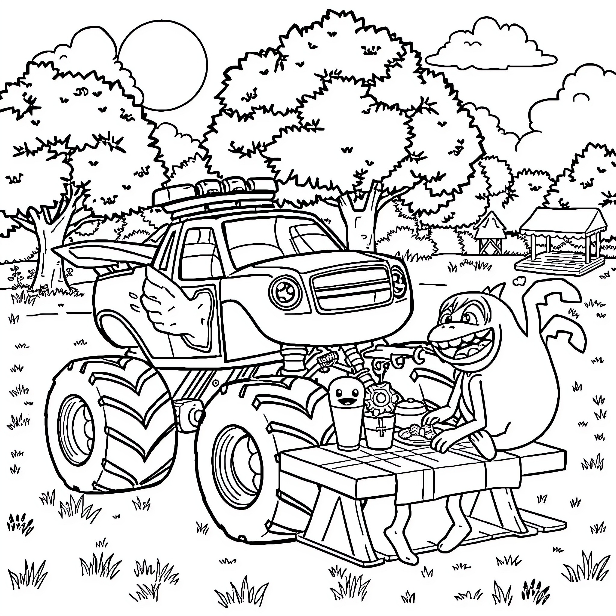 Blaze Explores the Countryside Adventure Coloring Page (free black-and-white line drawing printable PDF for all, from beginners to advanced learners, including children, teens, adults, and seniors)