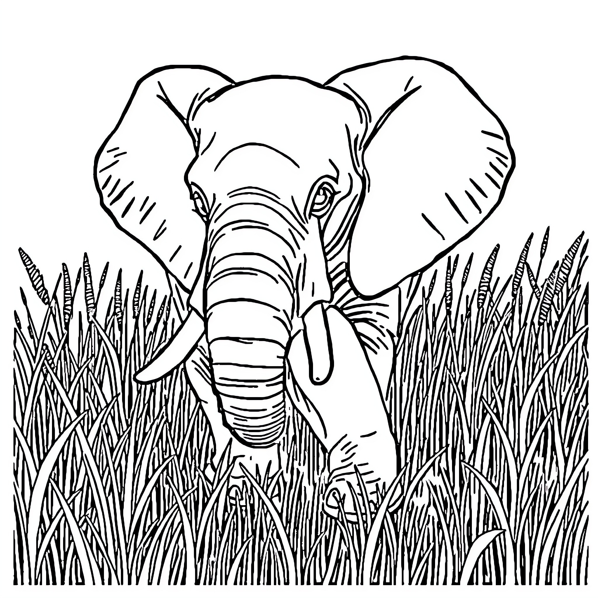 Elephant in Tall Grass Coloring Page (free black-and-white line drawing printable PDF for all, from beginners to advanced learners, including children, teens, adults, and seniors)