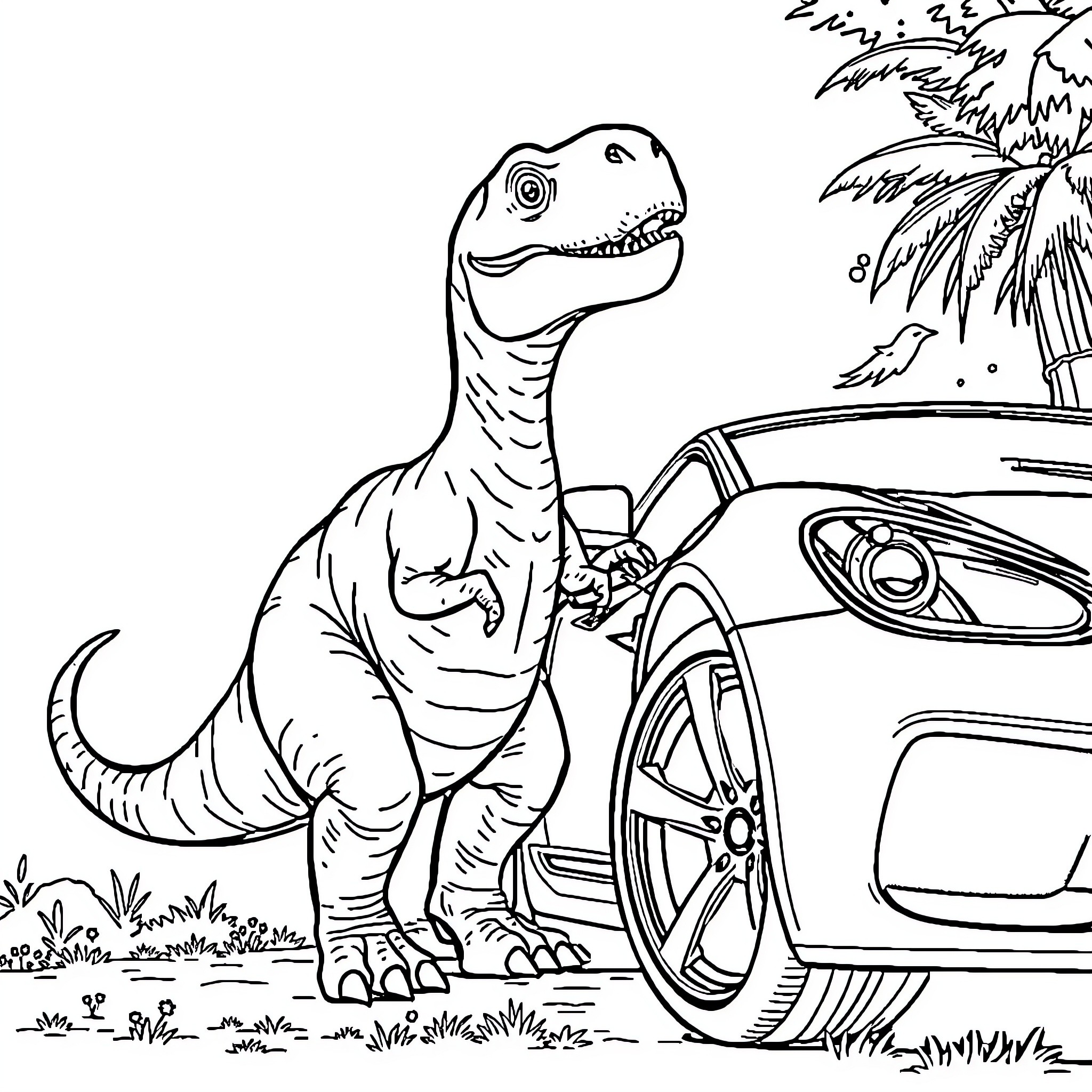 Dinosaur exploring modern car in tropical setting Coloring Page (free black-and-white line drawing printable PDF for all, from beginners to advanced learners, including children, teens, adults, and seniors)