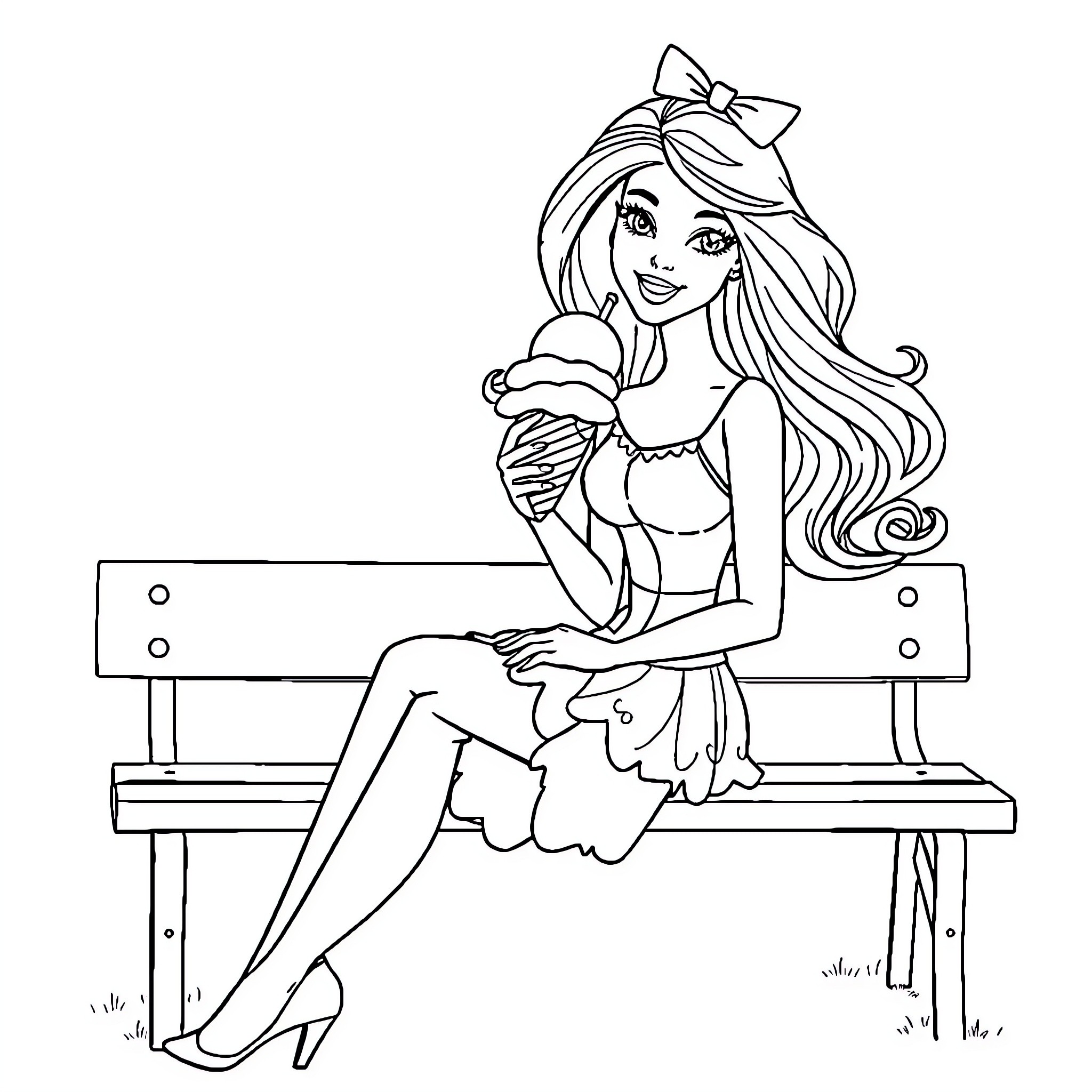 Barbie enjoying a peaceful moment on a park bench Coloring Page (free black-and-white line drawing printable PDF for all, from beginners to advanced learners, including children, teens, adults, and seniors)