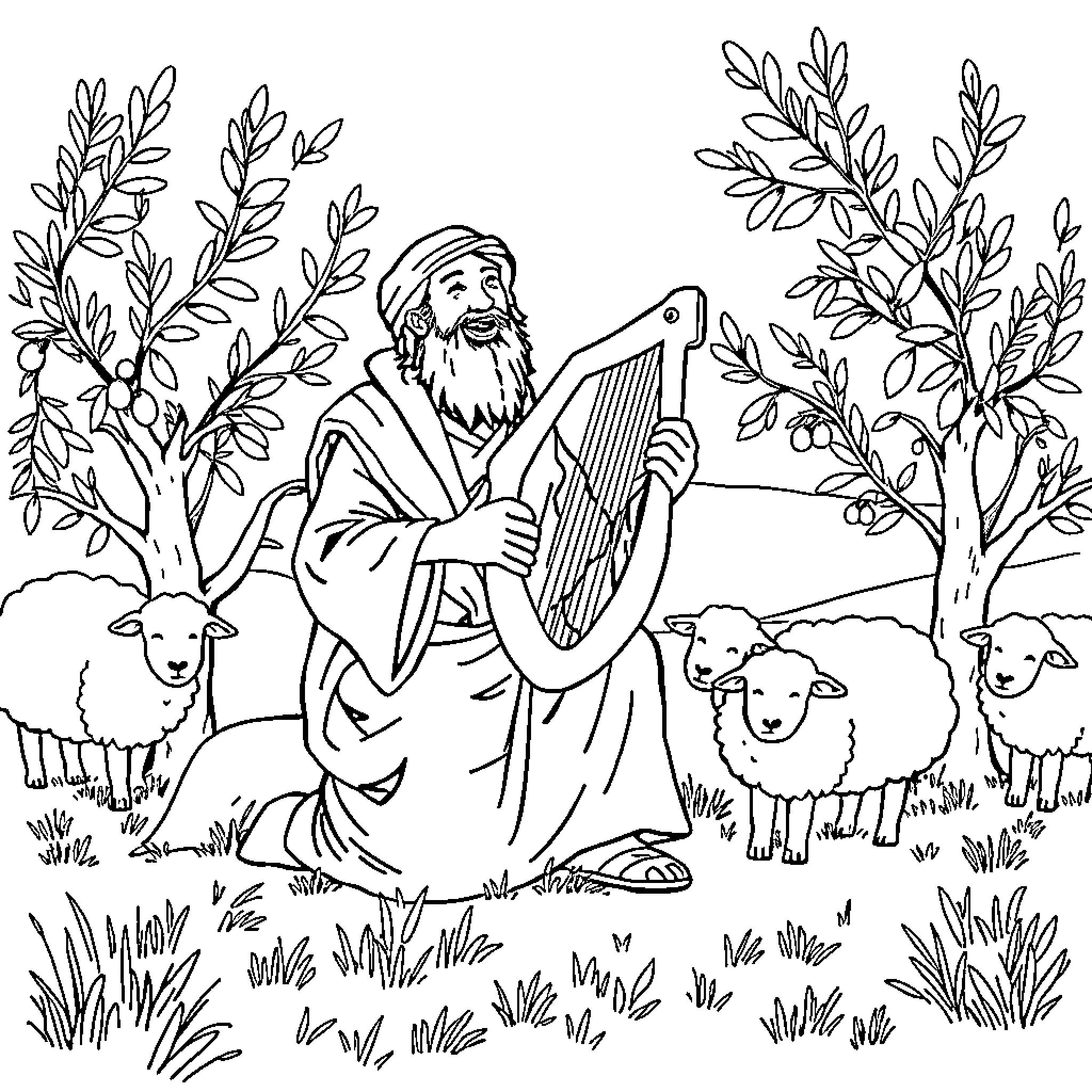 Shepherd playing music for his flock in pastoral scene Coloring Page (free black-and-white line drawing printable PDF for all, from beginners to advanced learners, including children, teens, adults, and seniors)