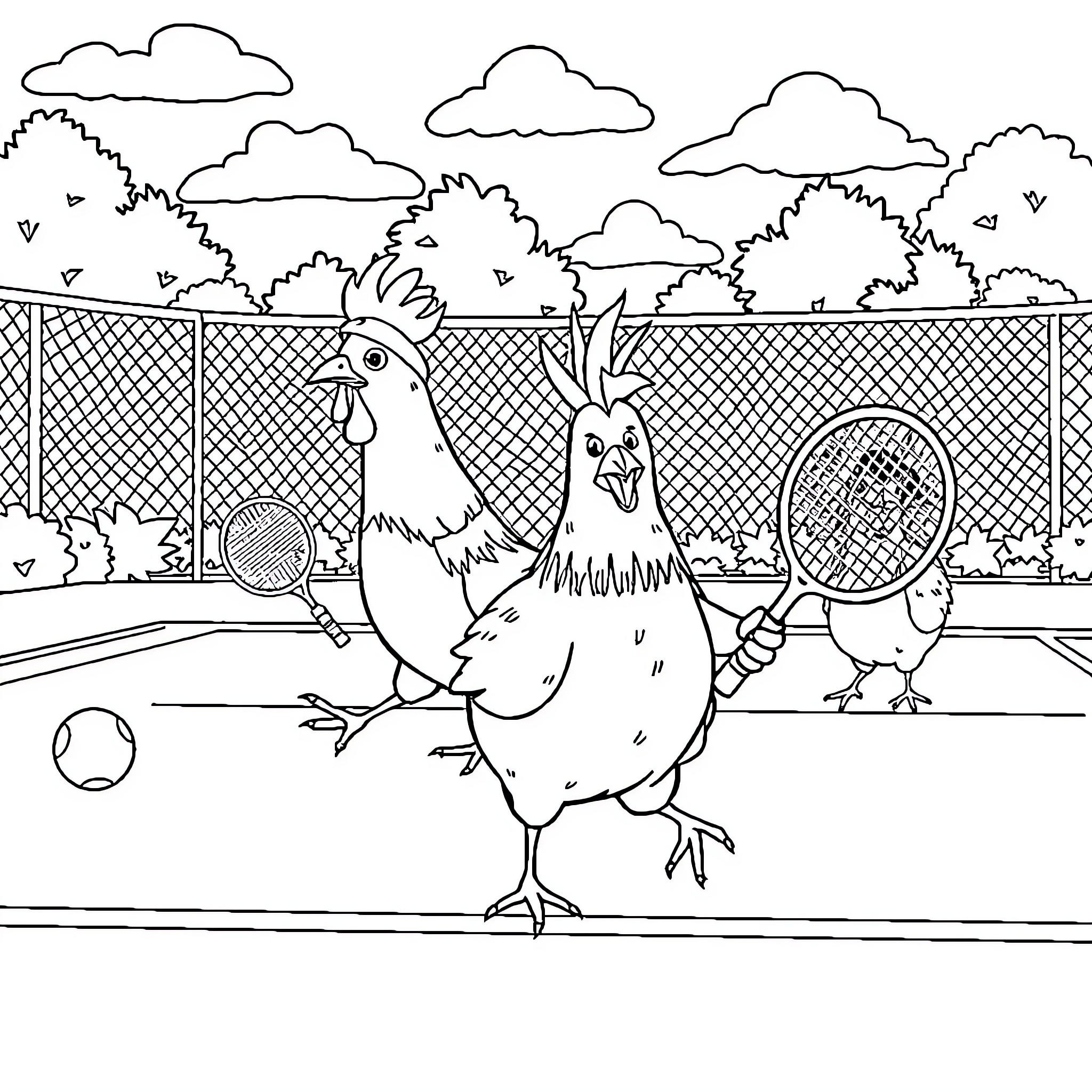 Chicken playing tennis in a farm environment Coloring Page (free black-and-white line drawing printable PDF for all, from beginners to advanced learners, including children, teens, adults, and seniors)