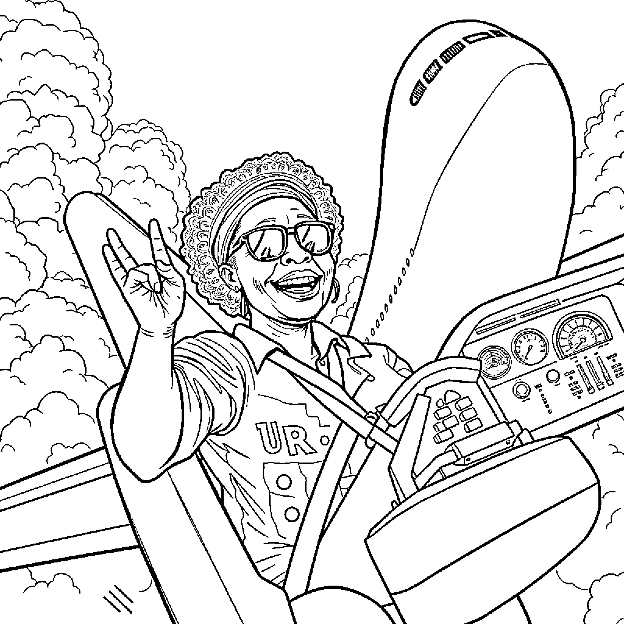 Grandma driving a race car with enthusiasm Coloring Page (free black-and-white line drawing printable PDF for all, from beginners to advanced learners, including children, teens, adults, and seniors)