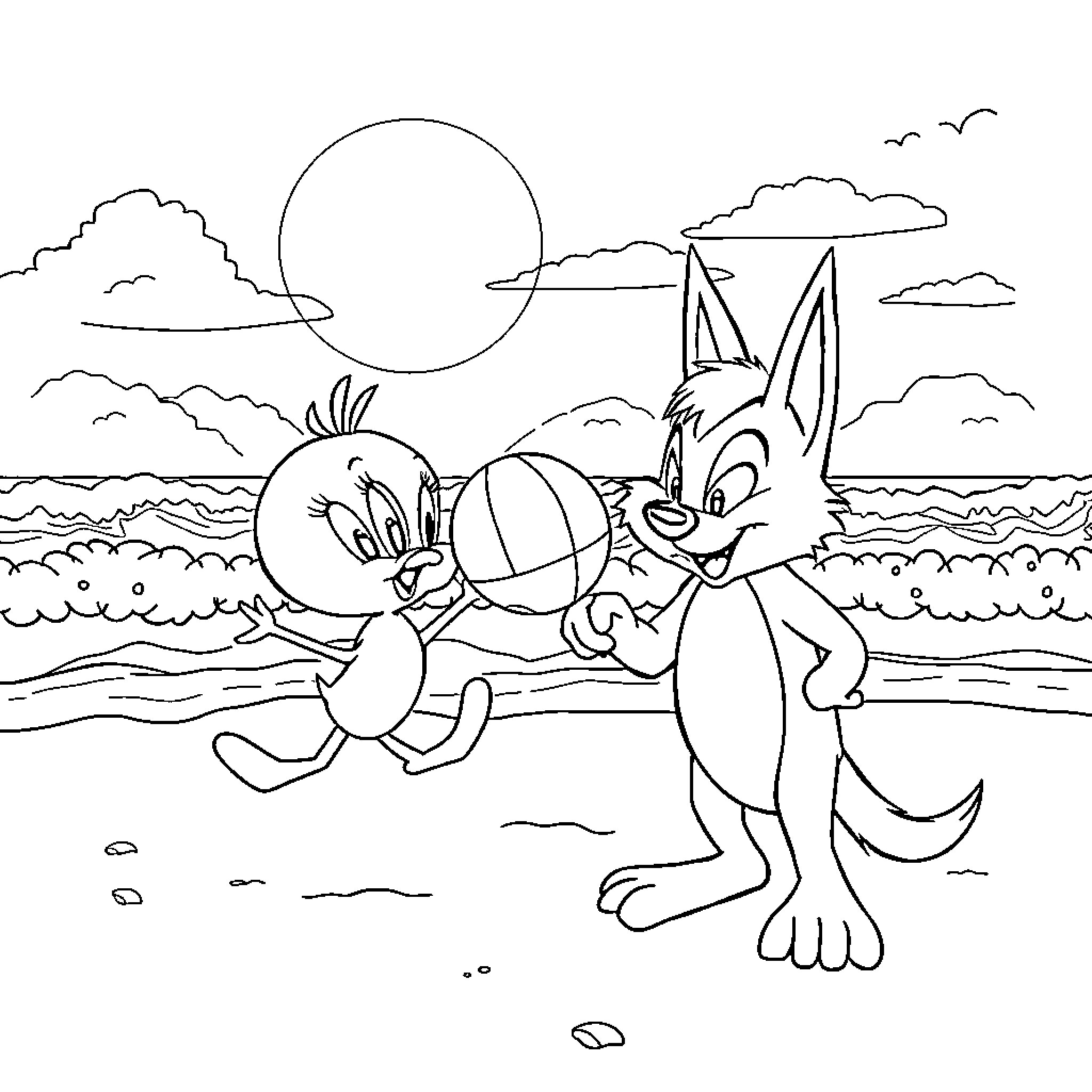 Tweety playing at the beach with a friend Coloring Page (free black-and-white line drawing printable PDF for all, from beginners to advanced learners, including children, teens, adults, and seniors)