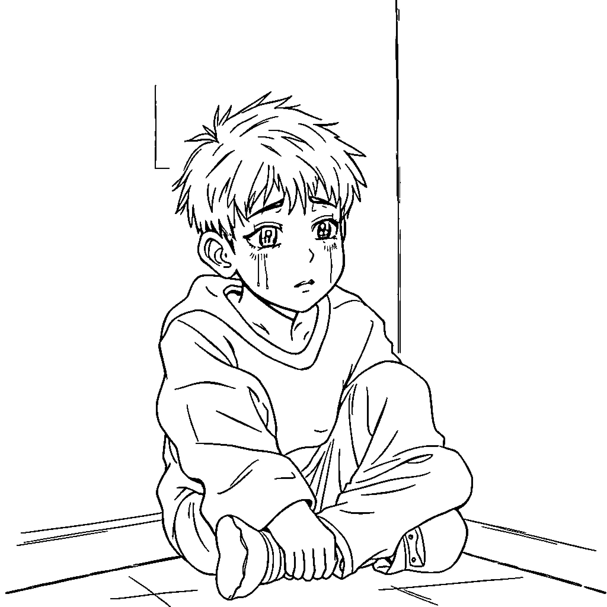 Teen Boy Sitting Alone, Lost in Thought Coloring Page (free black-and-white line drawing printable PDF for all, from beginners to advanced learners, including children, teens, adults, and seniors)