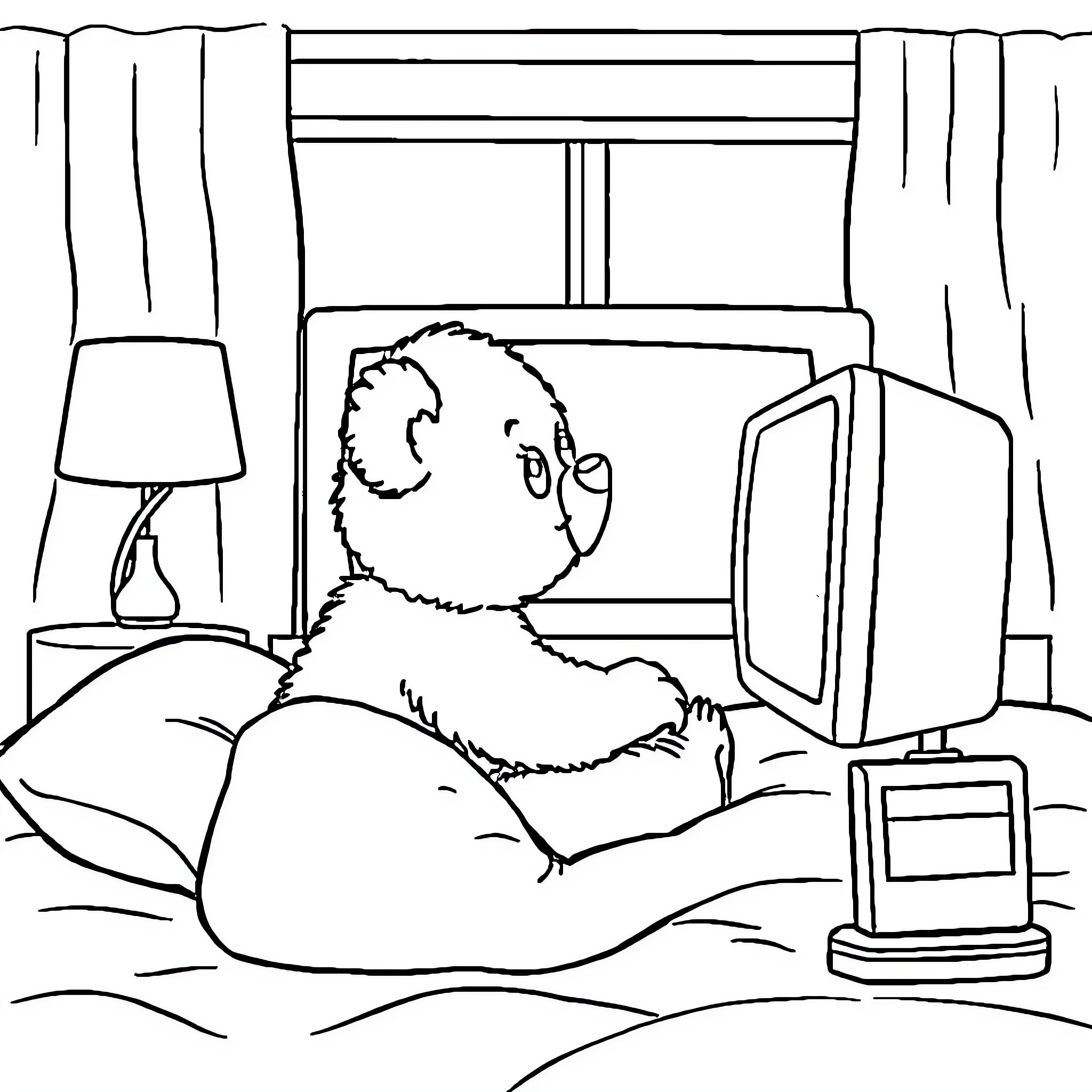 Bear relaxing in front of TV in bedroom Coloring Page (free black-and-white line drawing printable PDF for all, from beginners to advanced learners, including children, teens, adults, and seniors)