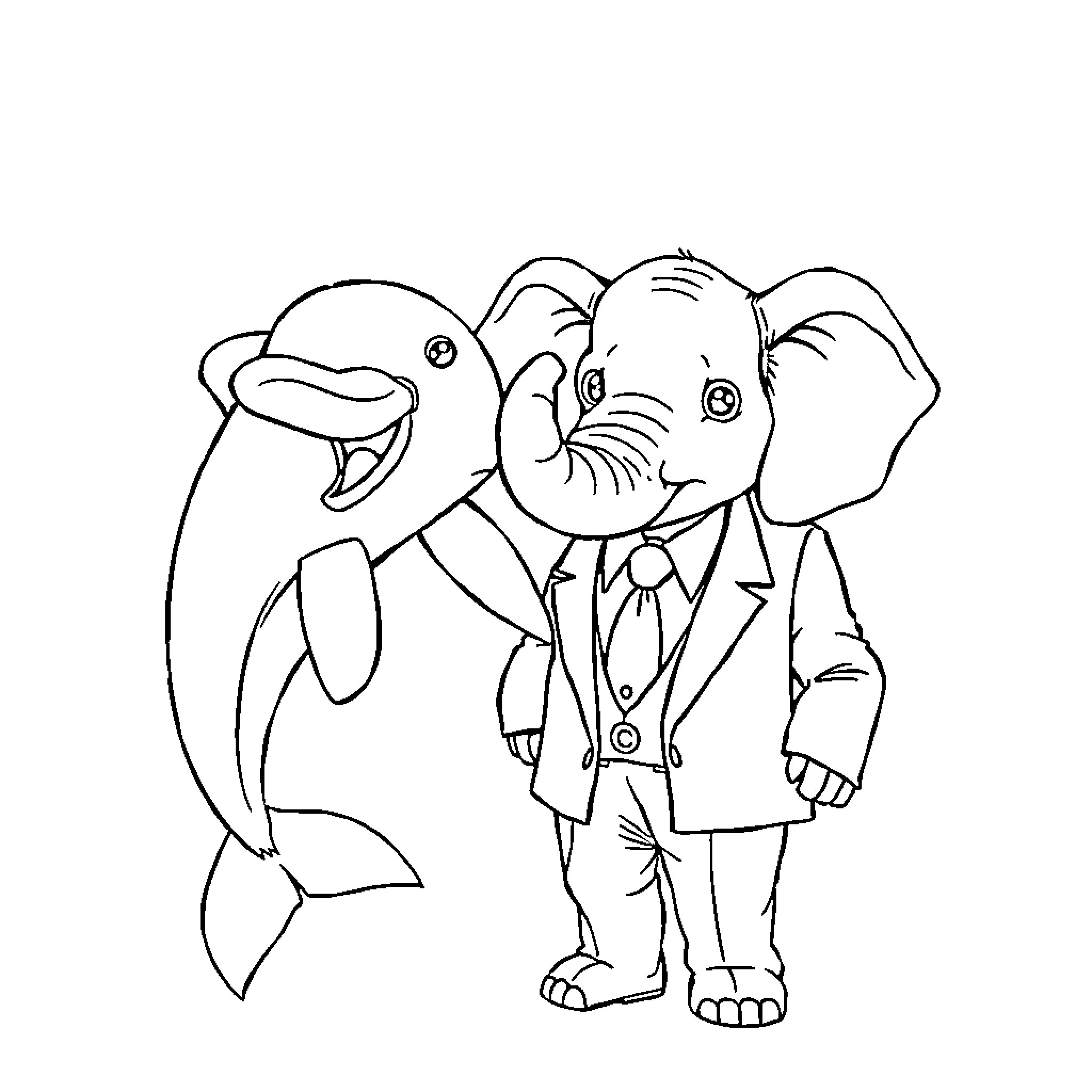 Dolphin and Elephant in Formal Attire Coloring Page (free black-and-white line drawing printable PDF for all, from beginners to advanced learners, including children, teens, adults, and seniors)