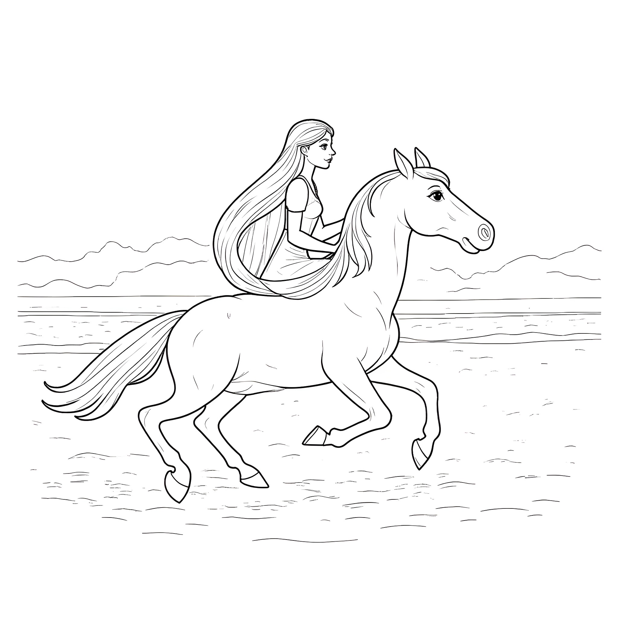 Horse and Rider Galloping on the Beach Coloring Page (free black-and-white line drawing printable PDF for all, from beginners to advanced learners, including children, teens, adults, and seniors)