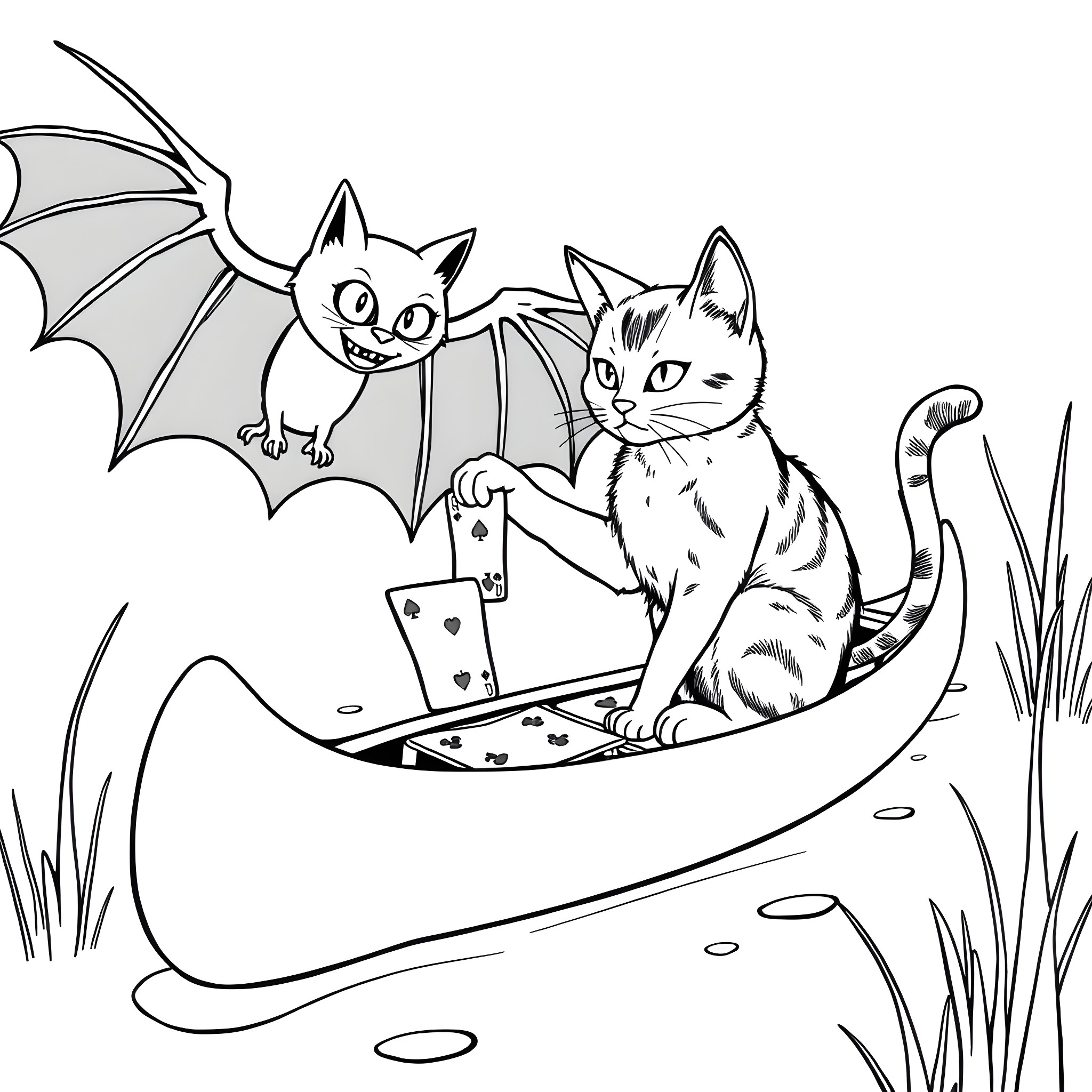 Cats playing in a spooky boat Coloring Page (free black-and-white line drawing printable PDF for all, from beginners to advanced learners, including children, teens, adults, and seniors)
