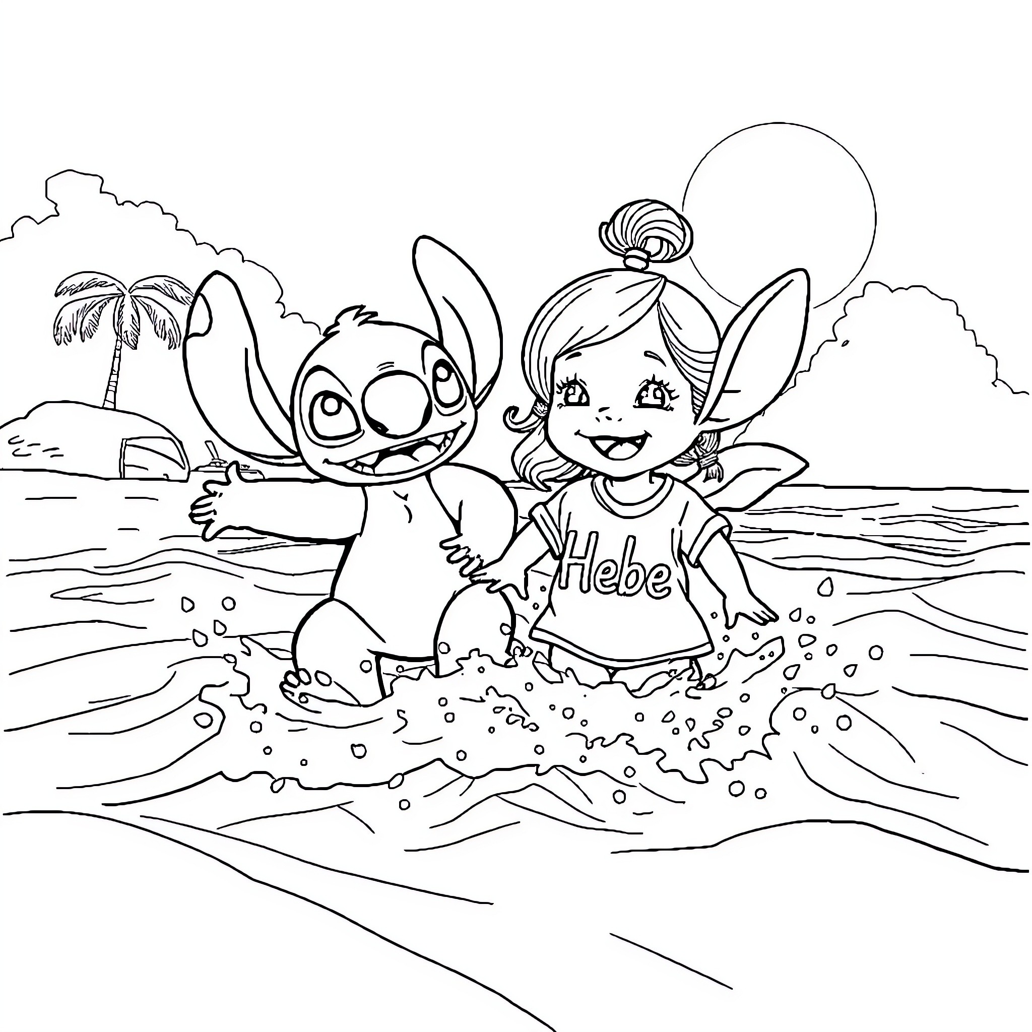 Stitch and Lilo playing in the ocean Coloring Page (free black-and-white line drawing printable PDF for all, from beginners to advanced learners, including children, teens, adults, and seniors)