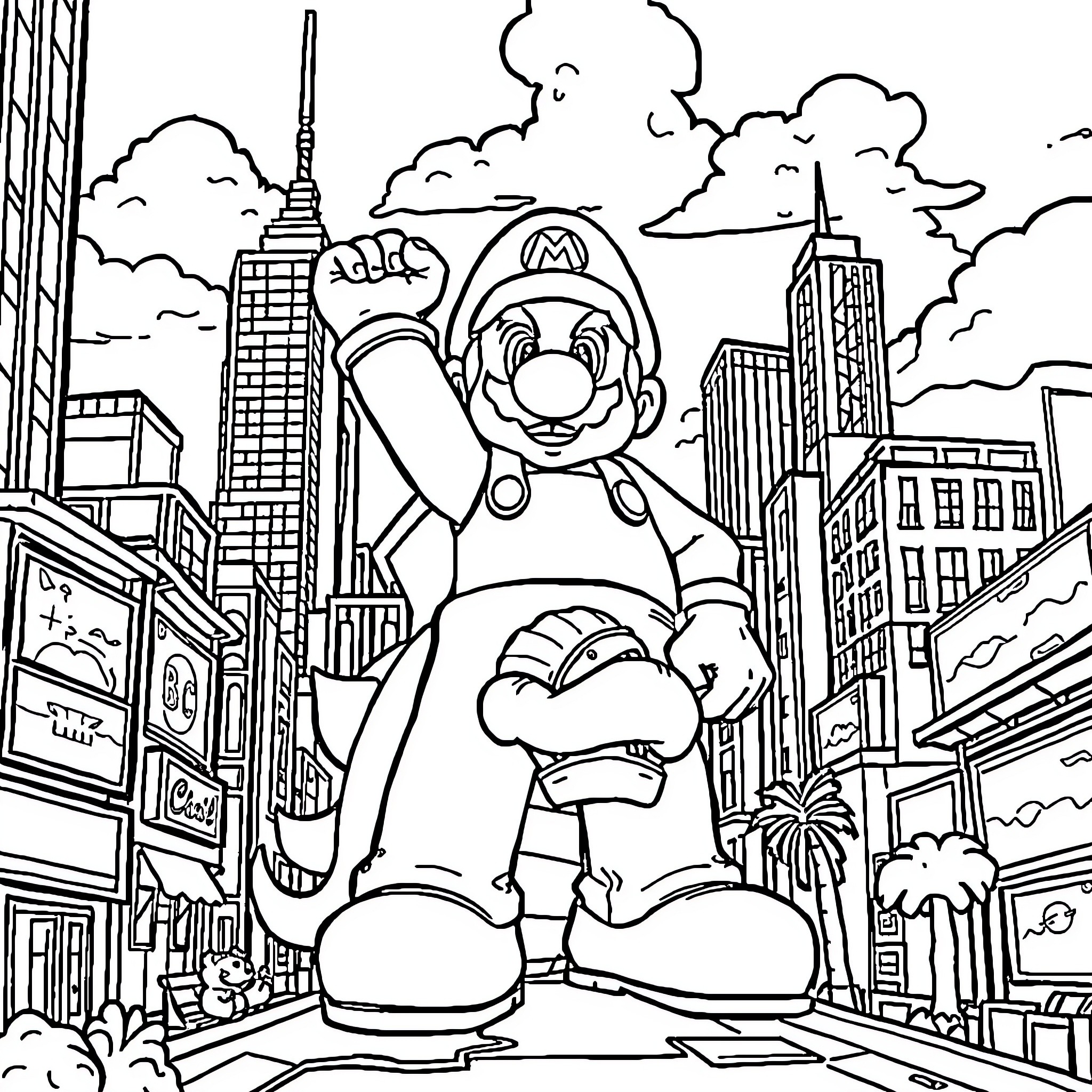Mario's Heroic Adventure in the City Coloring Page (free black-and-white line drawing printable PDF for all, from beginners to advanced learners, including children, teens, adults, and seniors)
