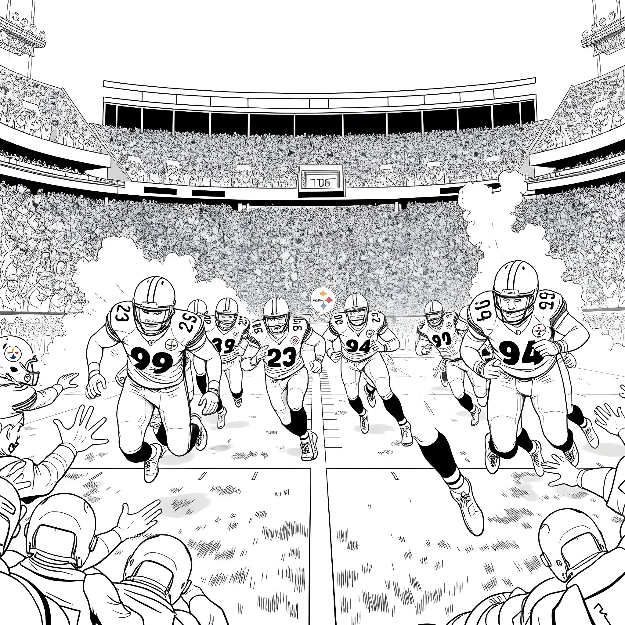 Steelers players in action on the football field Coloring Page (free black-and-white line drawing printable PDF for all, from beginners to advanced learners, including children, teens, adults, and seniors)