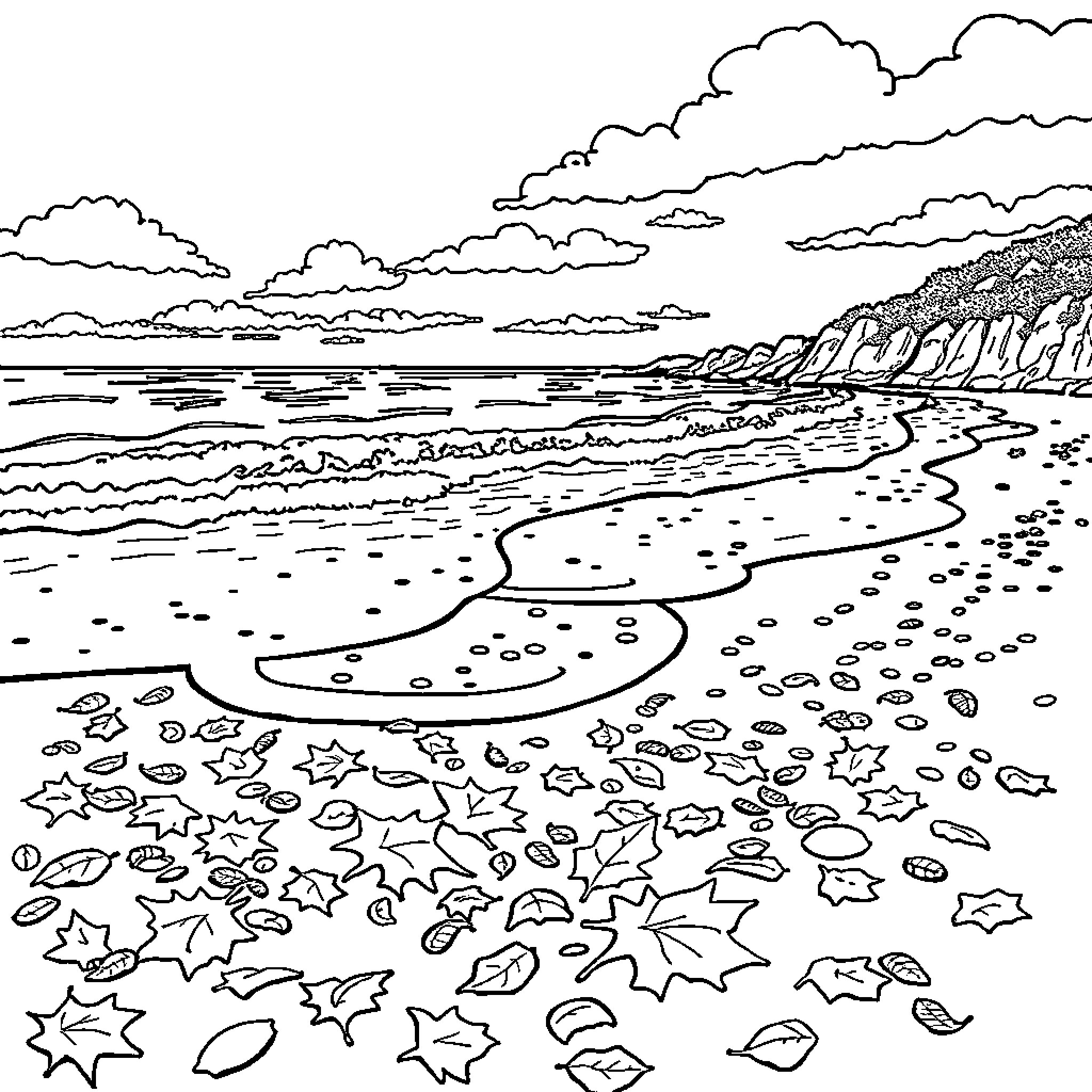 Beach with Fallen Autumn Leaves Coloring Page (free black-and-white line drawing printable PDF for all, from beginners to advanced learners, including children, teens, adults, and seniors)