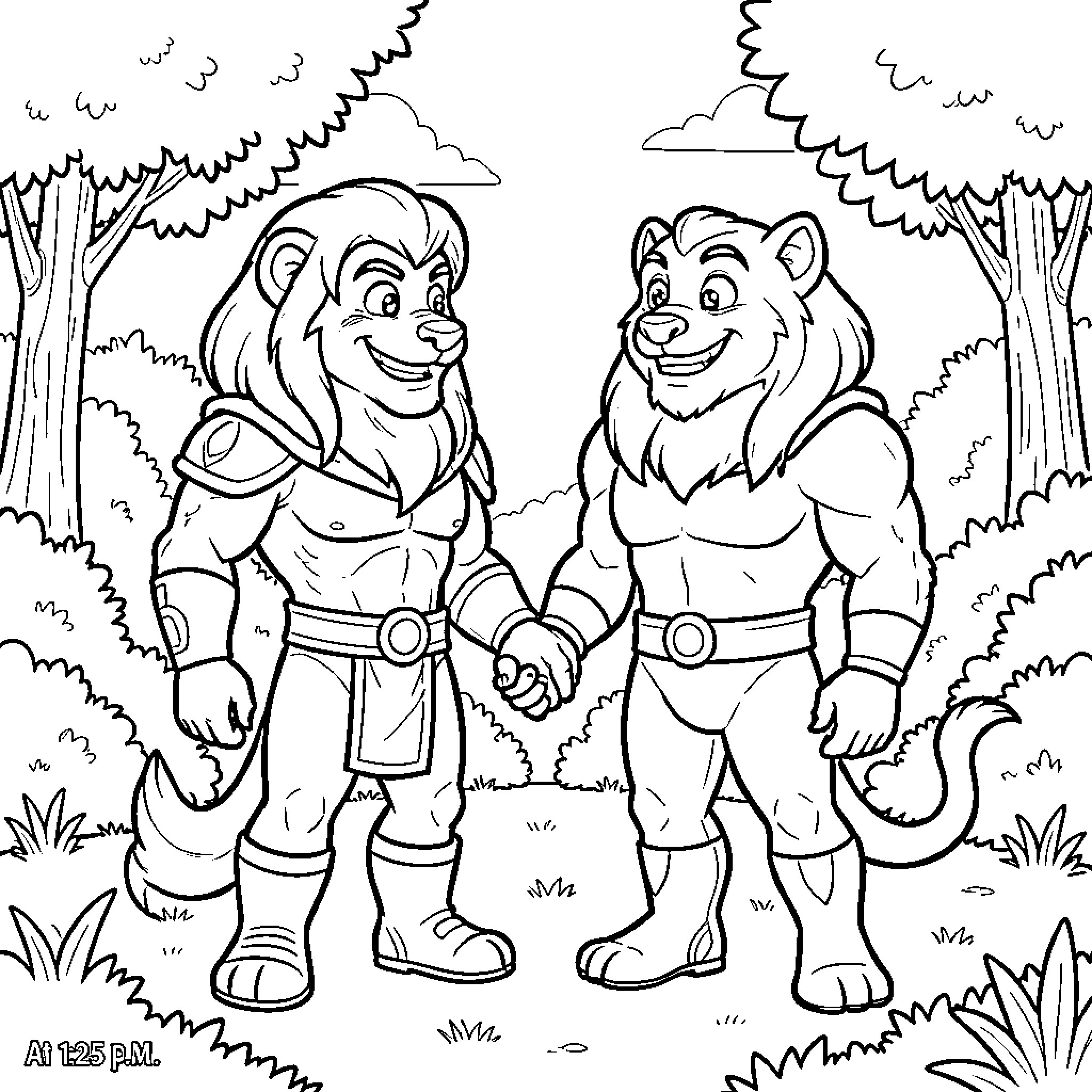 Lion-O and Tygra in the forest Coloring Page (free black-and-white line drawing printable PDF for all, from beginners to advanced learners, including children, teens, adults, and seniors)