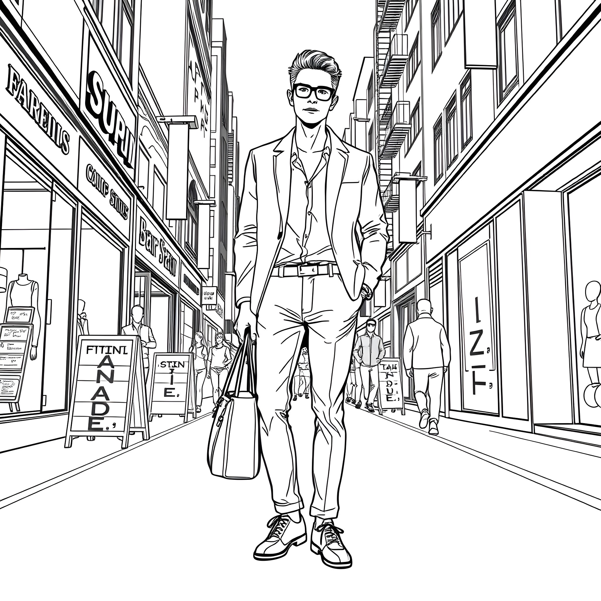 Man walking down a city street with shops Coloring Page (free black-and-white line drawing printable PDF for all, from beginners to advanced learners, including children, teens, adults, and seniors)