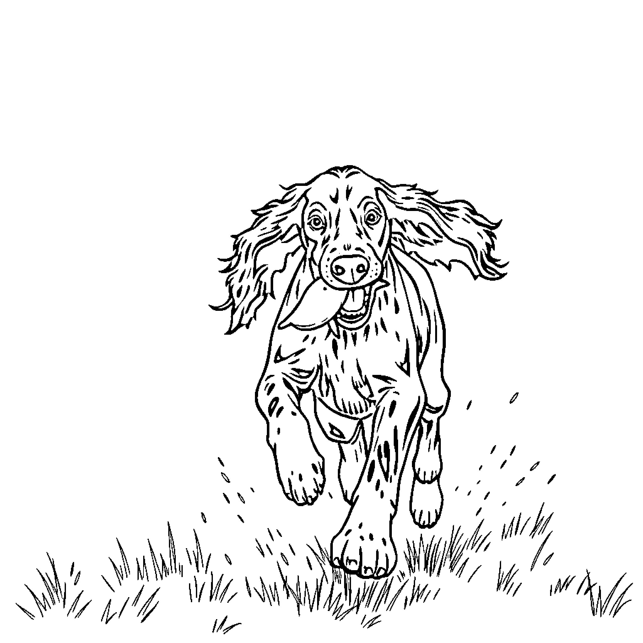 English Setter running joyfully through the grass Coloring Page (free black-and-white line drawing printable PDF for all, from beginners to advanced learners, including children, teens, adults, and seniors)
