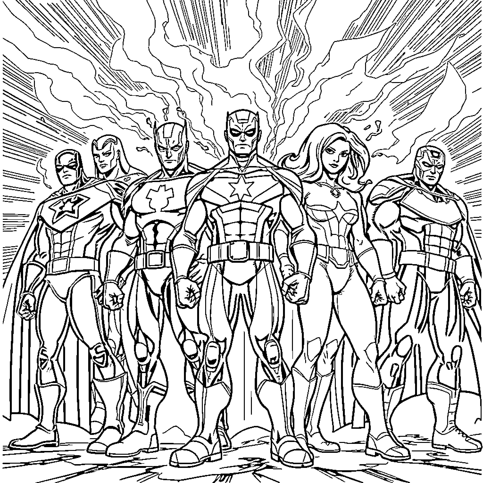 Marvel Heroes Assemble in Action-Packed Scene Coloring Page (free black-and-white line drawing printable PDF for all, from beginners to advanced learners, including children, teens, adults, and seniors)