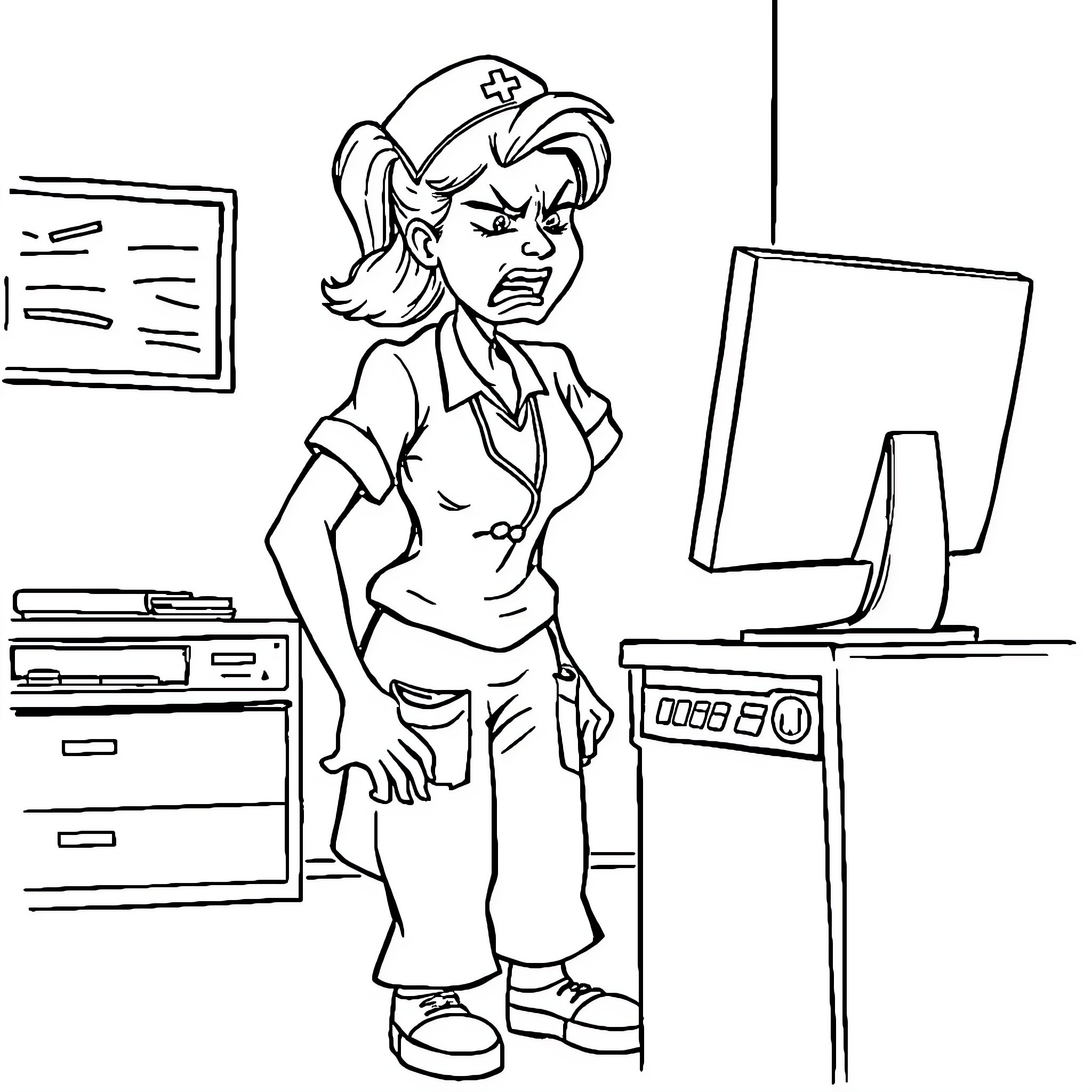 Nurse Attending to Patient in Medical Office Coloring Page (free black-and-white line drawing printable PDF for all, from beginners to advanced learners, including children, teens, adults, and seniors)