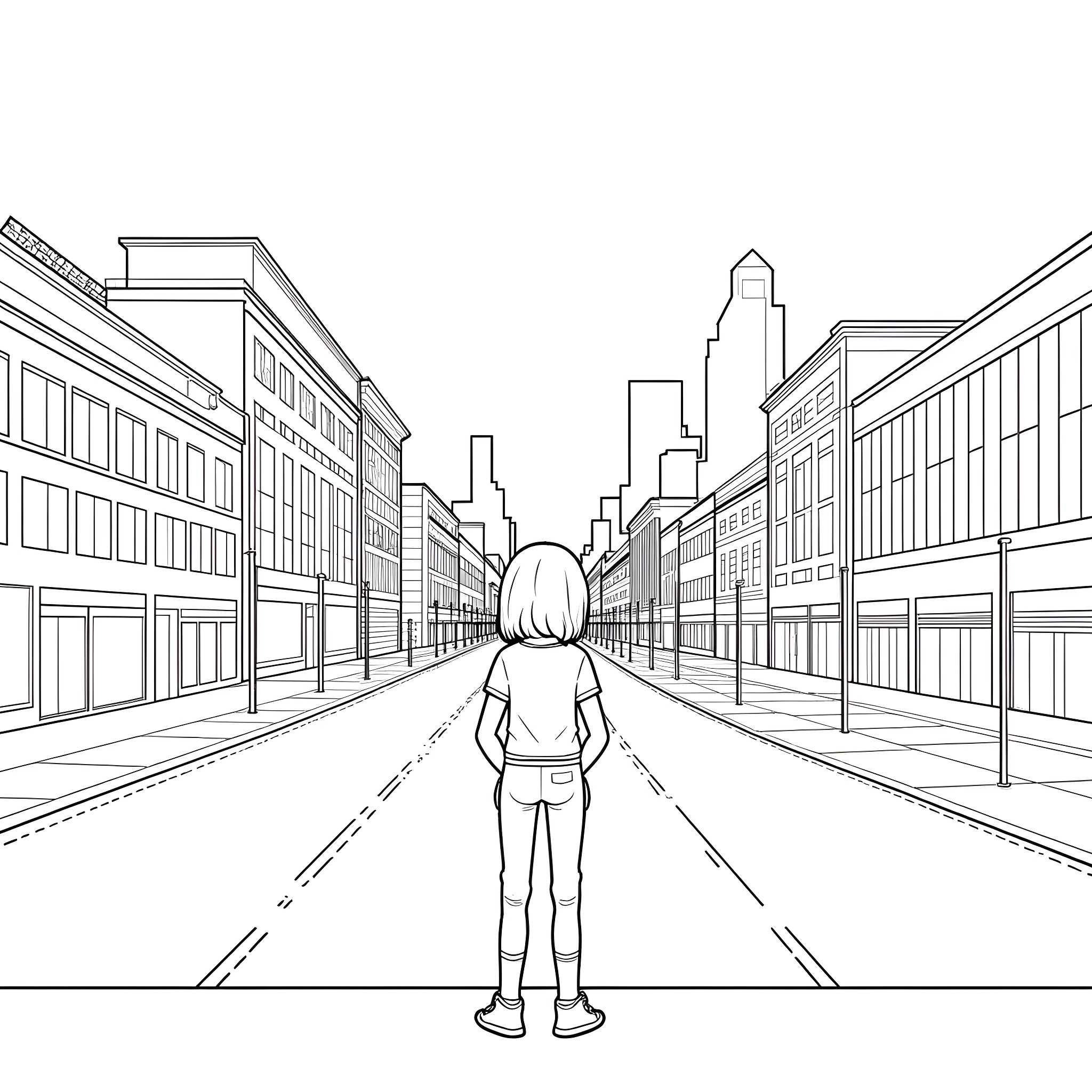 Nijntje explores the city streets Coloring Page (free black-and-white line drawing printable PDF for all, from beginners to advanced learners, including children, teens, adults, and seniors)