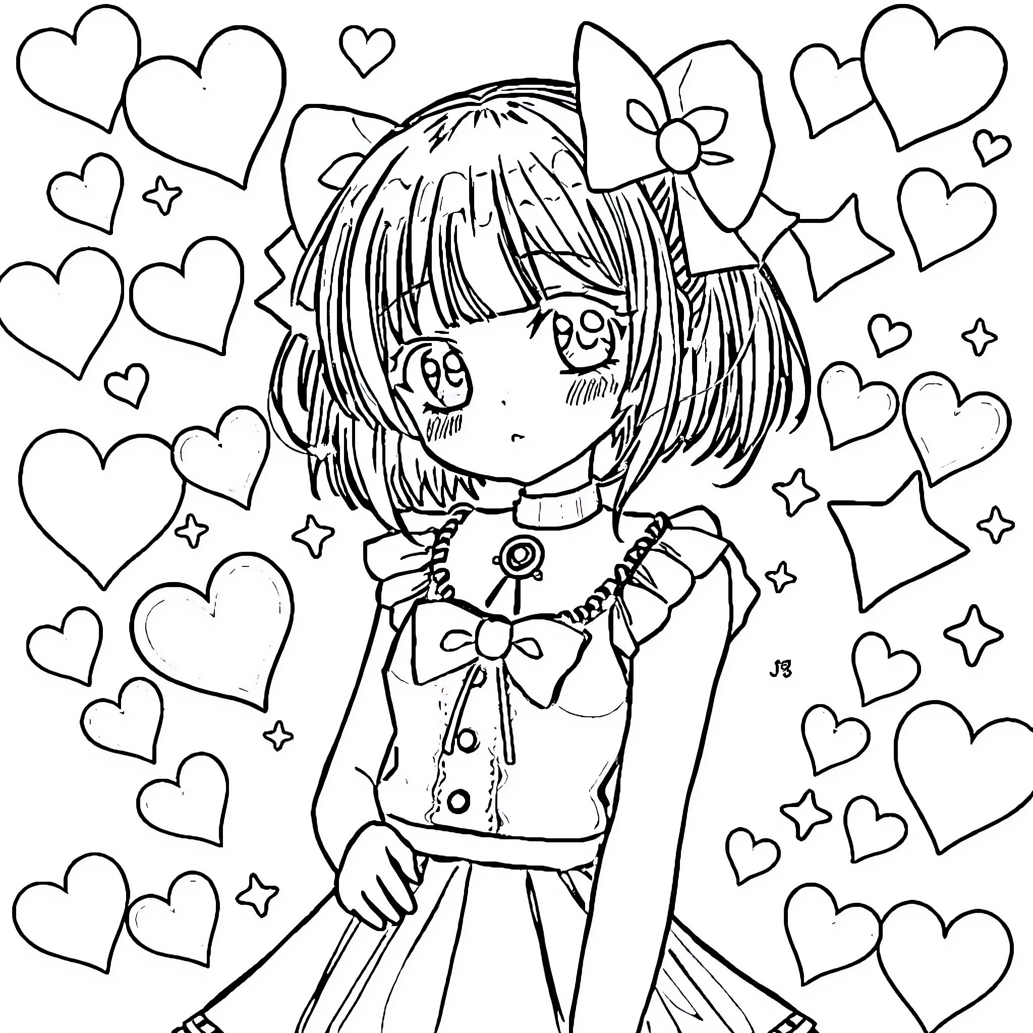 Kuromi in a whimsical outfit surrounded by hearts Coloring Page (free black-and-white line drawing printable PDF for all, from beginners to advanced learners, including children, teens, adults, and seniors)