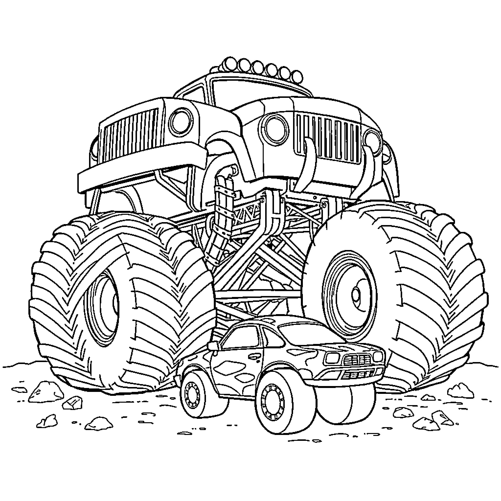 Monster Truck jumping over a small car Coloring Page (free black-and-white line drawing printable PDF for all, from beginners to advanced learners, including children, teens, adults, and seniors)