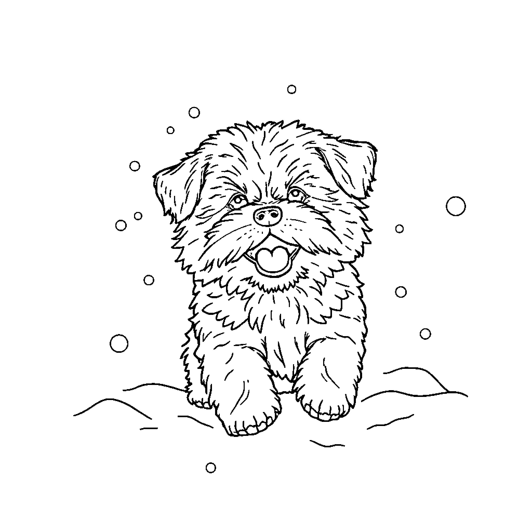 Cavachon puppy playing in the snow Coloring Page (free black-and-white line drawing printable PDF for all, from beginners to advanced learners, including children, teens, adults, and seniors)