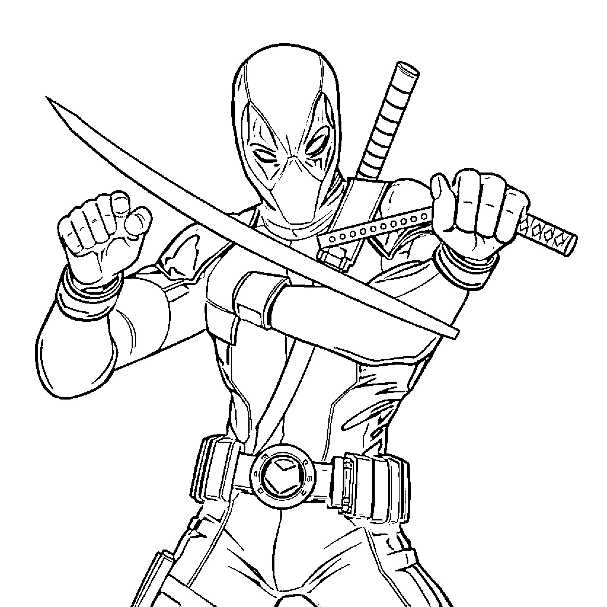 Deadpool wielding swords in action pose Coloring Page (free black-and-white line drawing printable PDF for all, from beginners to advanced learners, including children, teens, adults, and seniors)