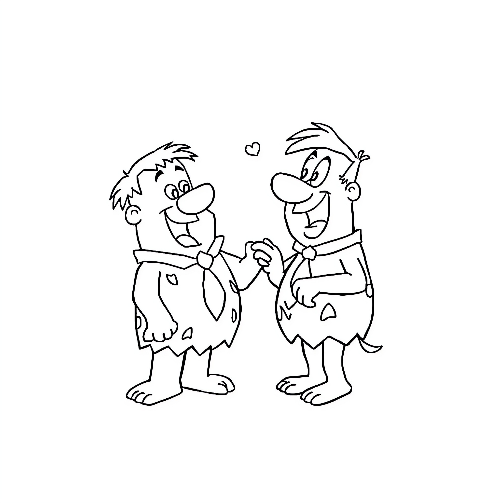 Fred Flintstone and Barney Rubble in amusing poses Coloring Page (free black-and-white line drawing printable PDF for all, from beginners to advanced learners, including children, teens, adults, and seniors)