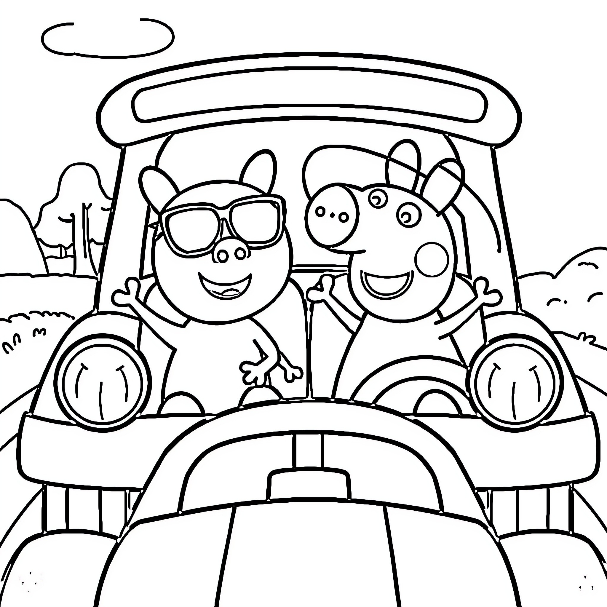 Bluey and friends enjoying a car ride adventure Coloring Page (free black-and-white line drawing printable PDF for all, from beginners to advanced learners, including children, teens, adults, and seniors)