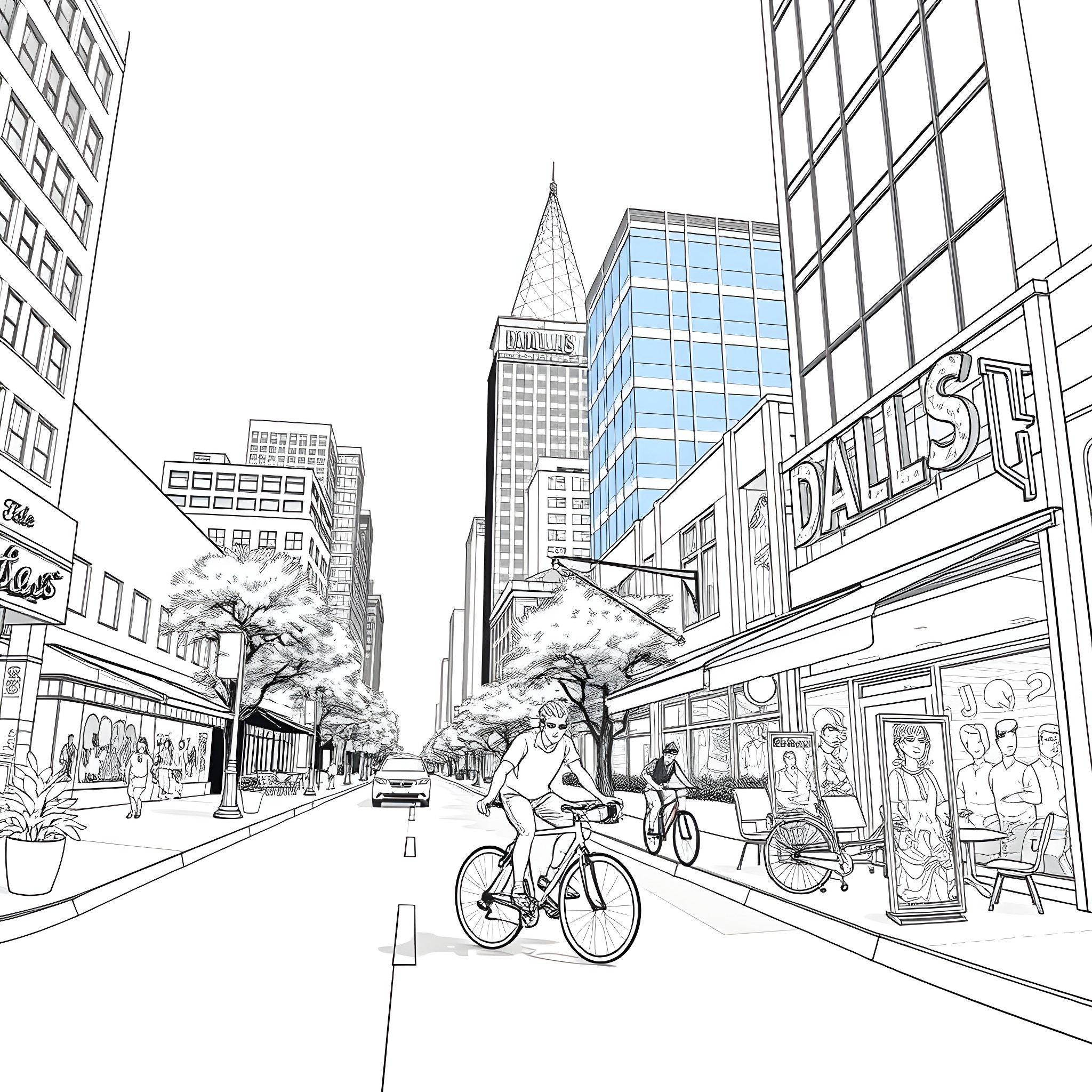 Bicycle riders in a bustling city street Coloring Page (free black-and-white line drawing printable PDF for all, from beginners to advanced learners, including children, teens, adults, and seniors)