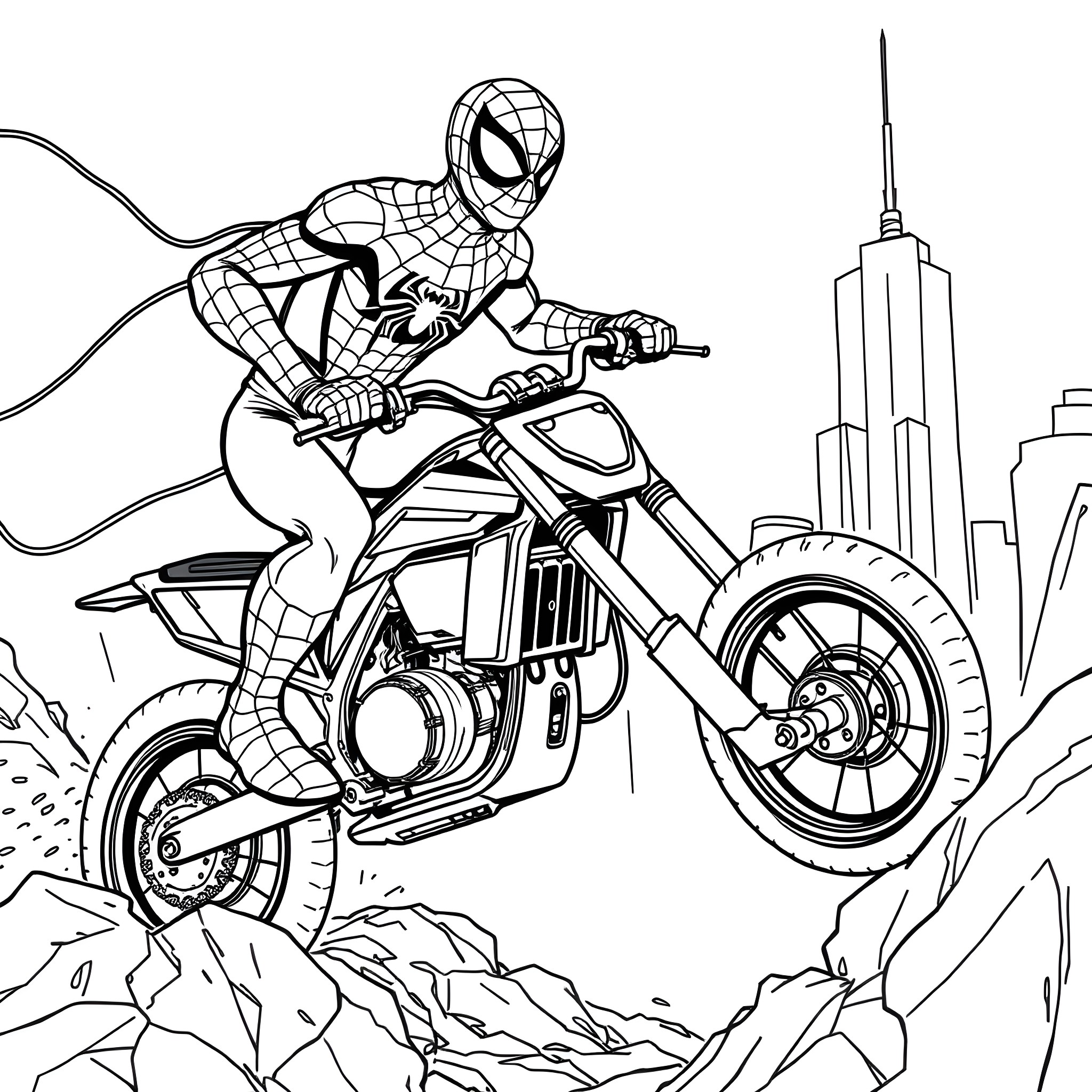 Spiderman riding a motorcycle through the city Coloring Page (free black-and-white line drawing printable PDF for all, from beginners to advanced learners, including children, teens, adults, and seniors)