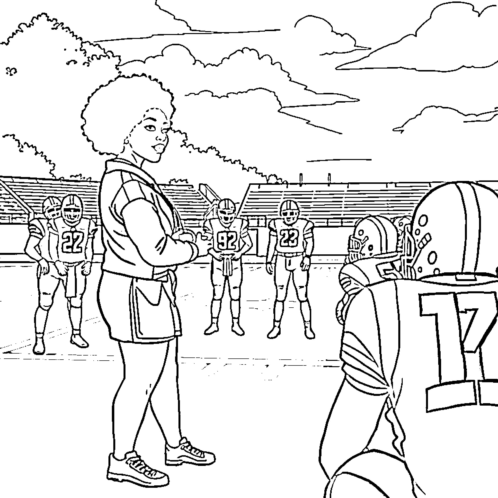 Woman coaching football team on the field Coloring Page (free black-and-white line drawing printable PDF for all, from beginners to advanced learners, including children, teens, adults, and seniors)