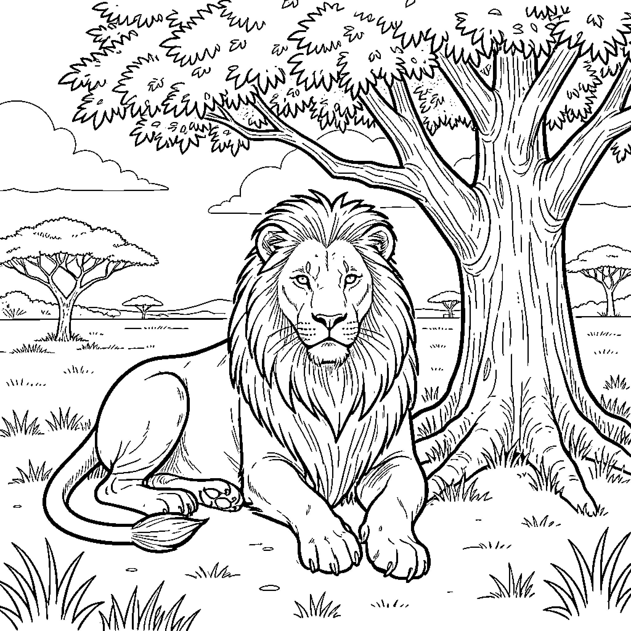 Lion resting in natural savanna landscape Coloring Page (free black-and-white line drawing printable PDF for all, from beginners to advanced learners, including children, teens, adults, and seniors)